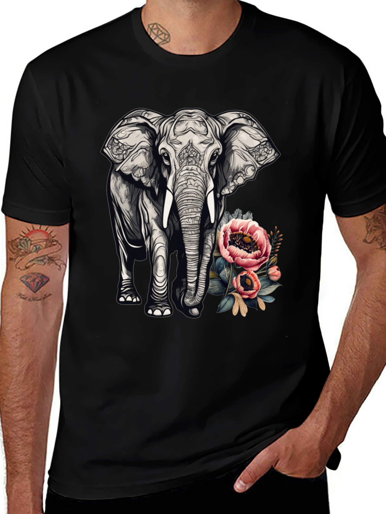 Elephant Floral Graphic Tee - Black