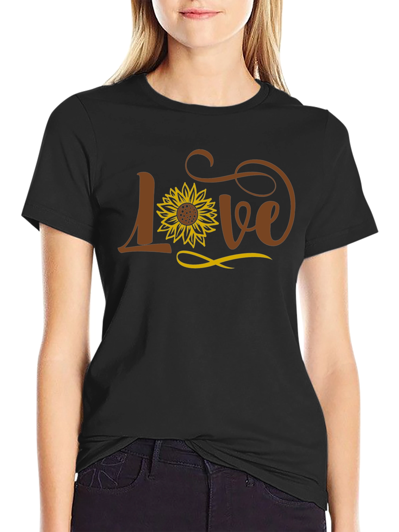 Sunflower Love Graphic Tee - Black Cotton Casual T-Shirt