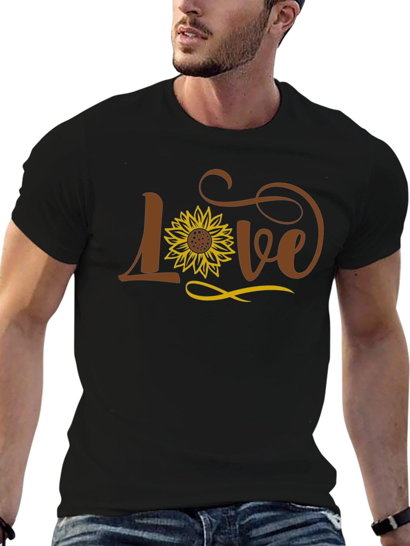 Sunflower Love Graphic Tee - Black Cotton Casual T-Shirt