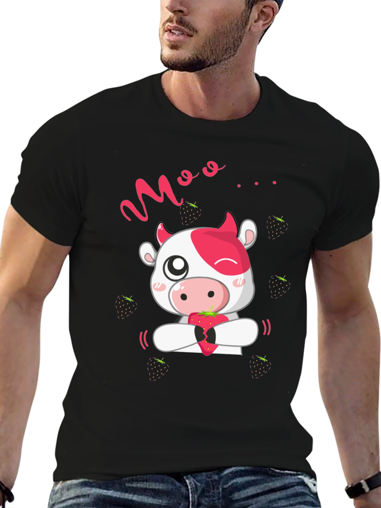 Moo Strawberry Cow Black T-Shirt