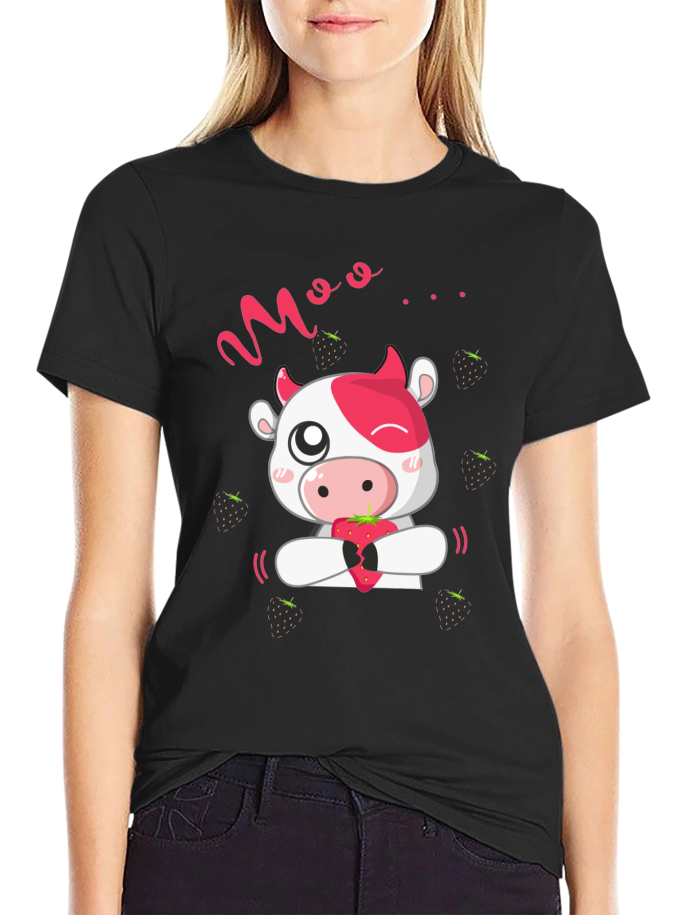 Moo Strawberry Cow Black T-Shirt
