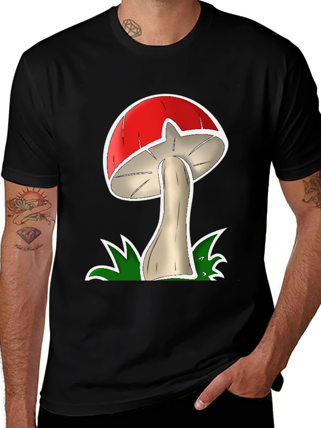 Mushroom Graphic Tee - Casual Black Cotton T-Shirt