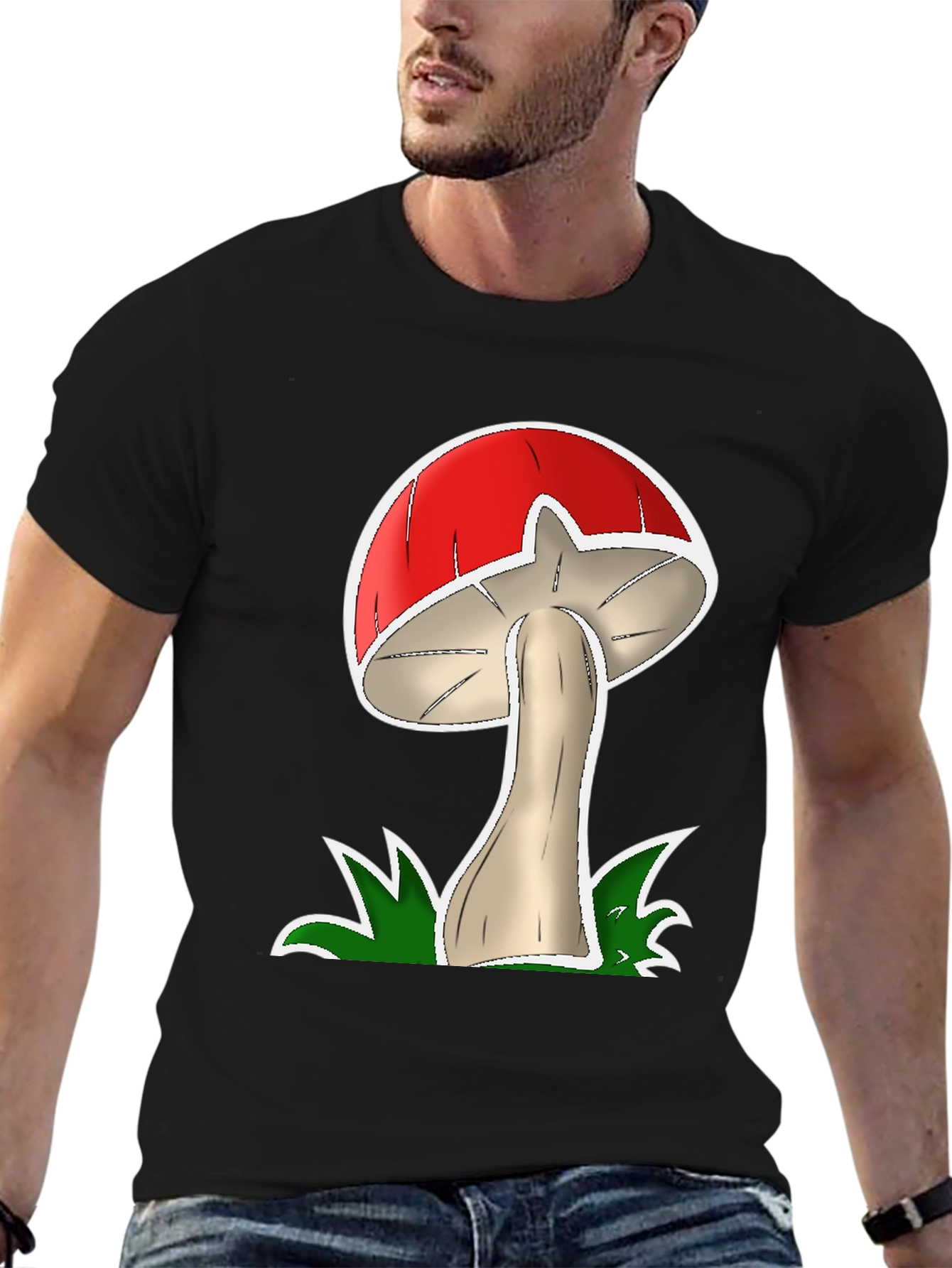 Mushroom Graphic Tee - Casual Black Cotton T-Shirt