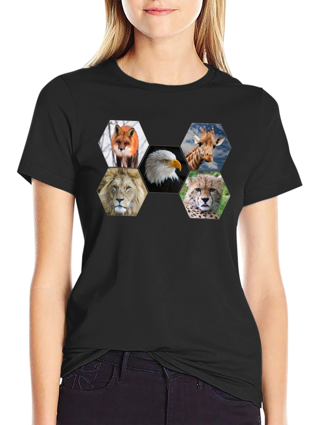 Animal Hexagon Graphic Print Crew Neck T-Shirt