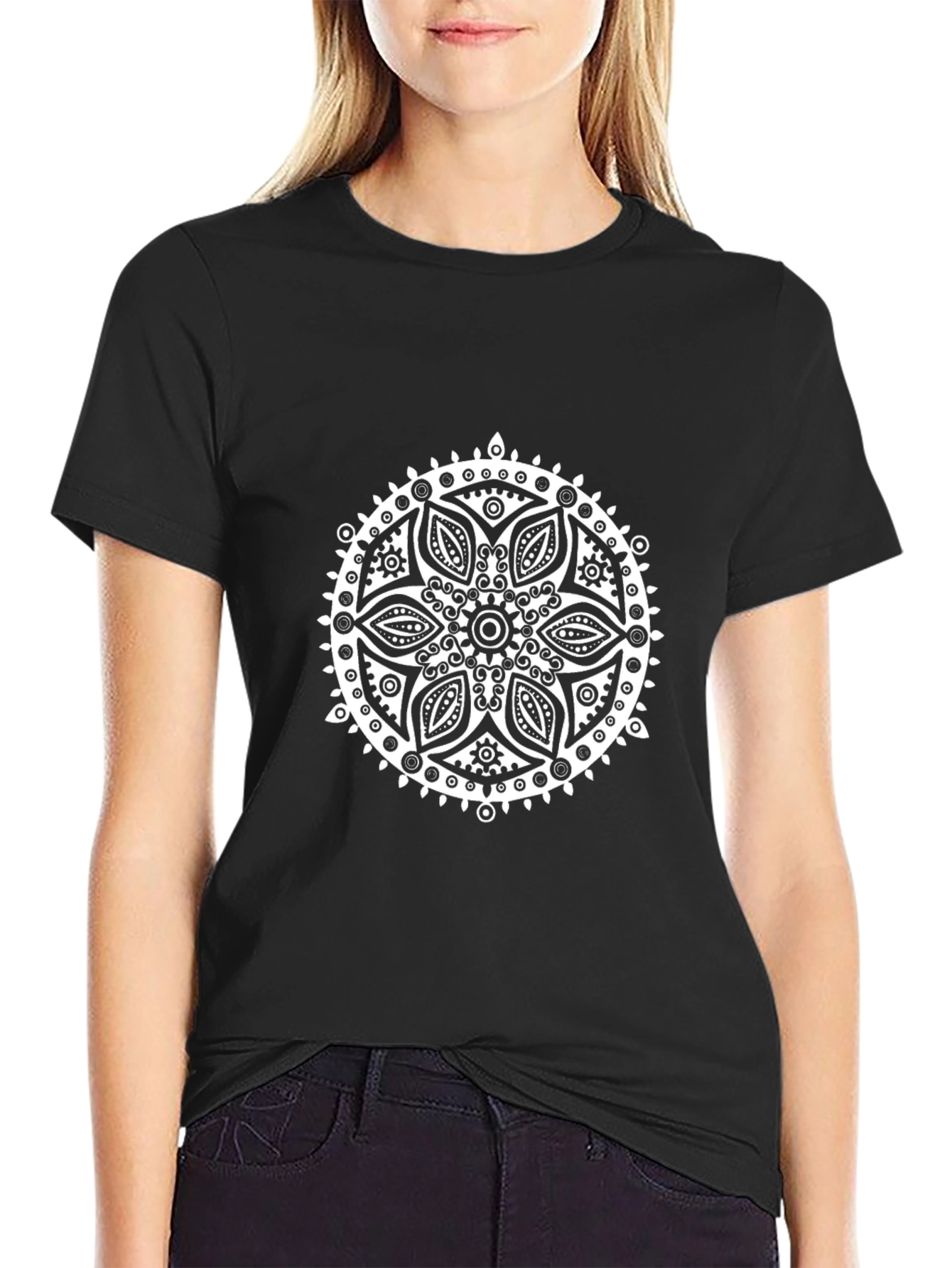 Black T-Shirt with White Mandala Design