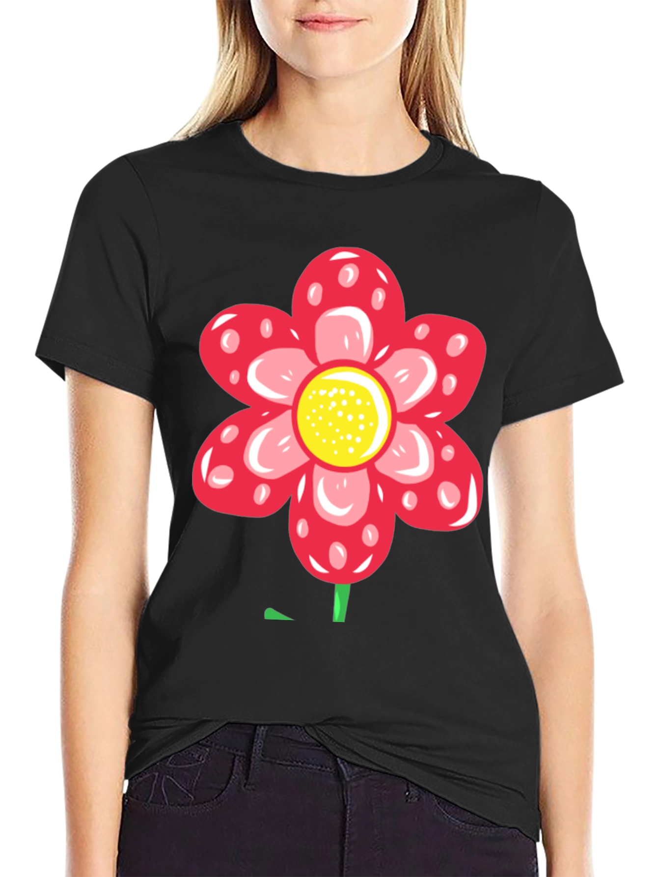 Red Flower Graphic Black T-Shirt