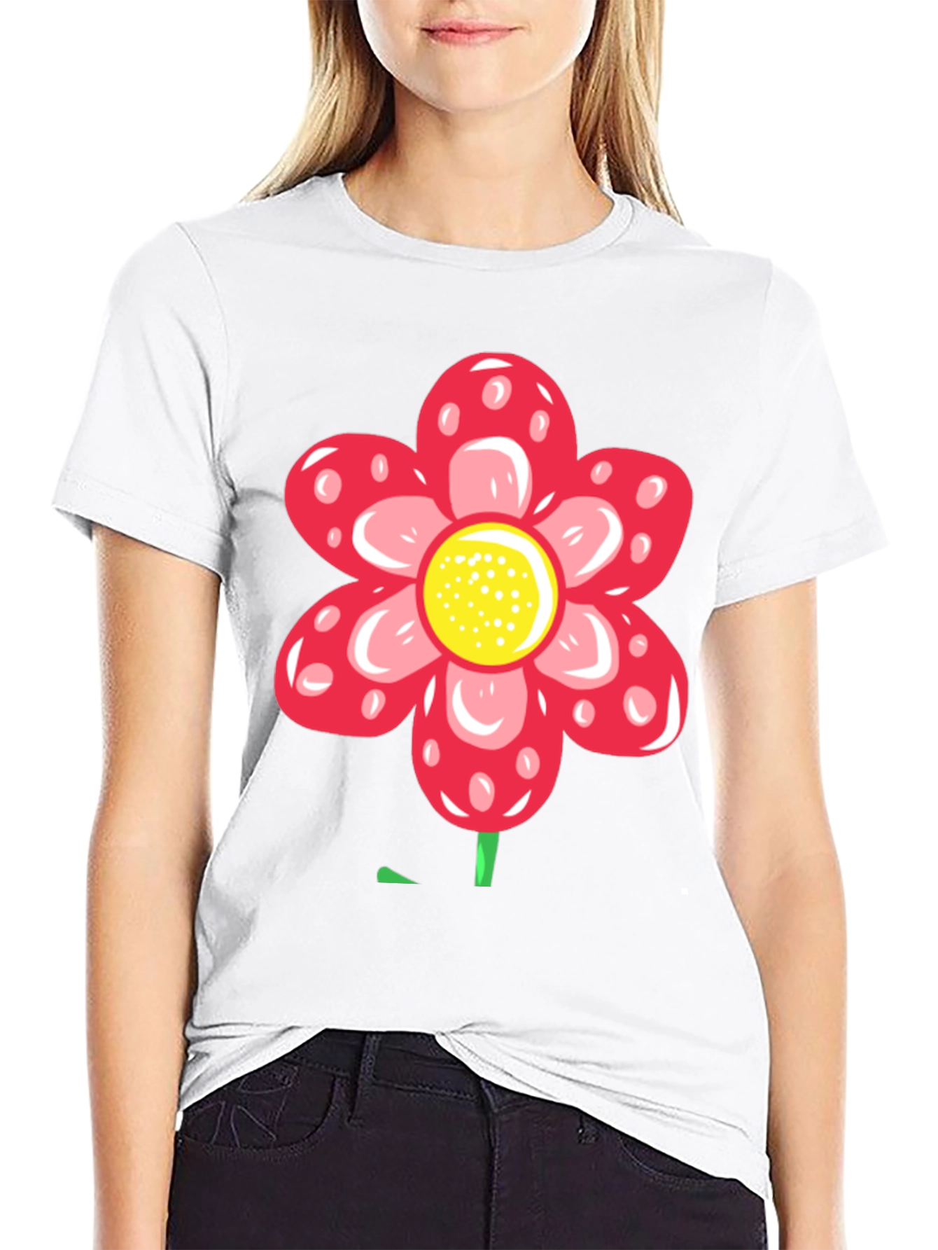 Red Flower Graphic Black T-Shirt