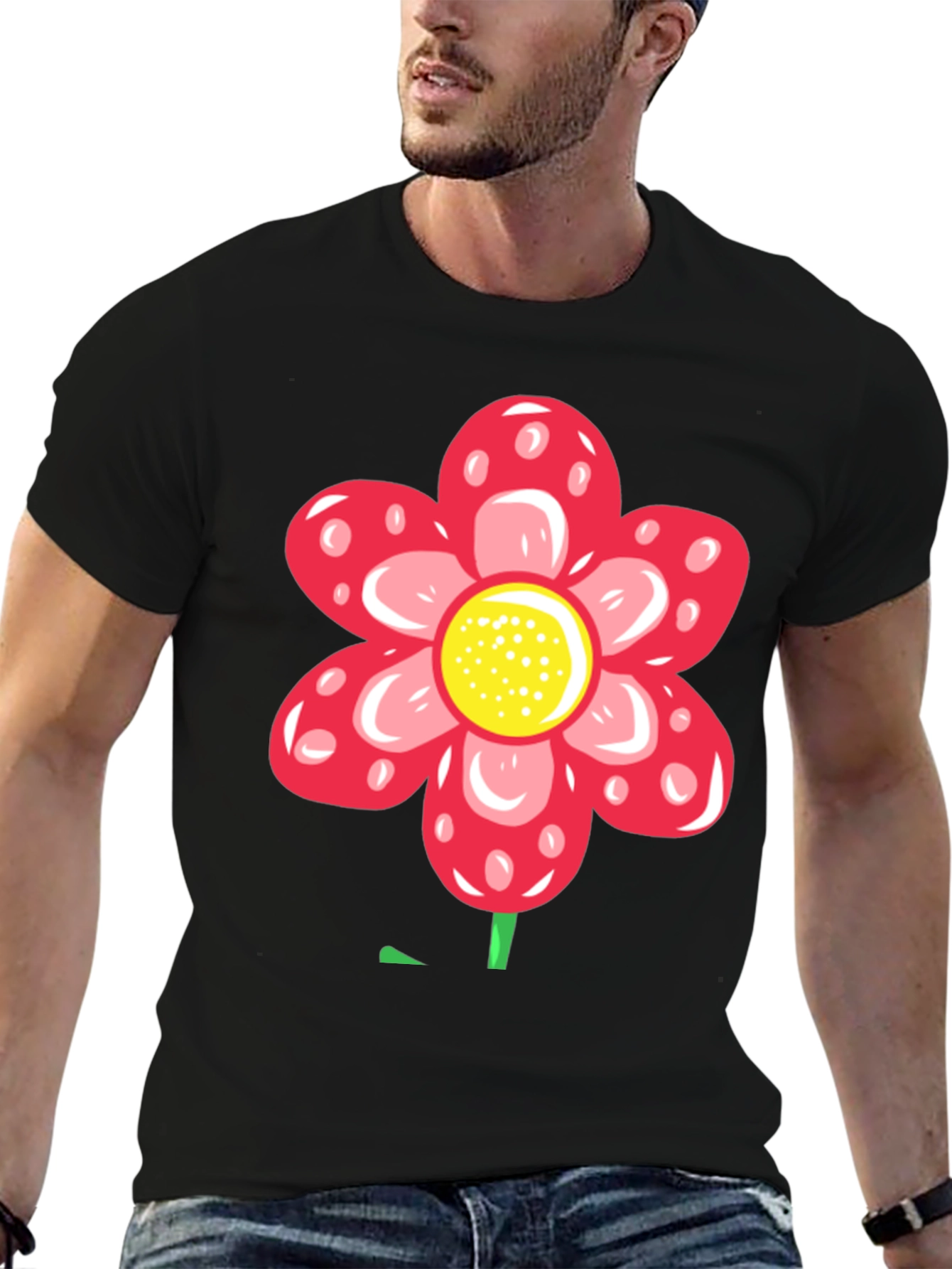 Red Flower Graphic Black T-Shirt