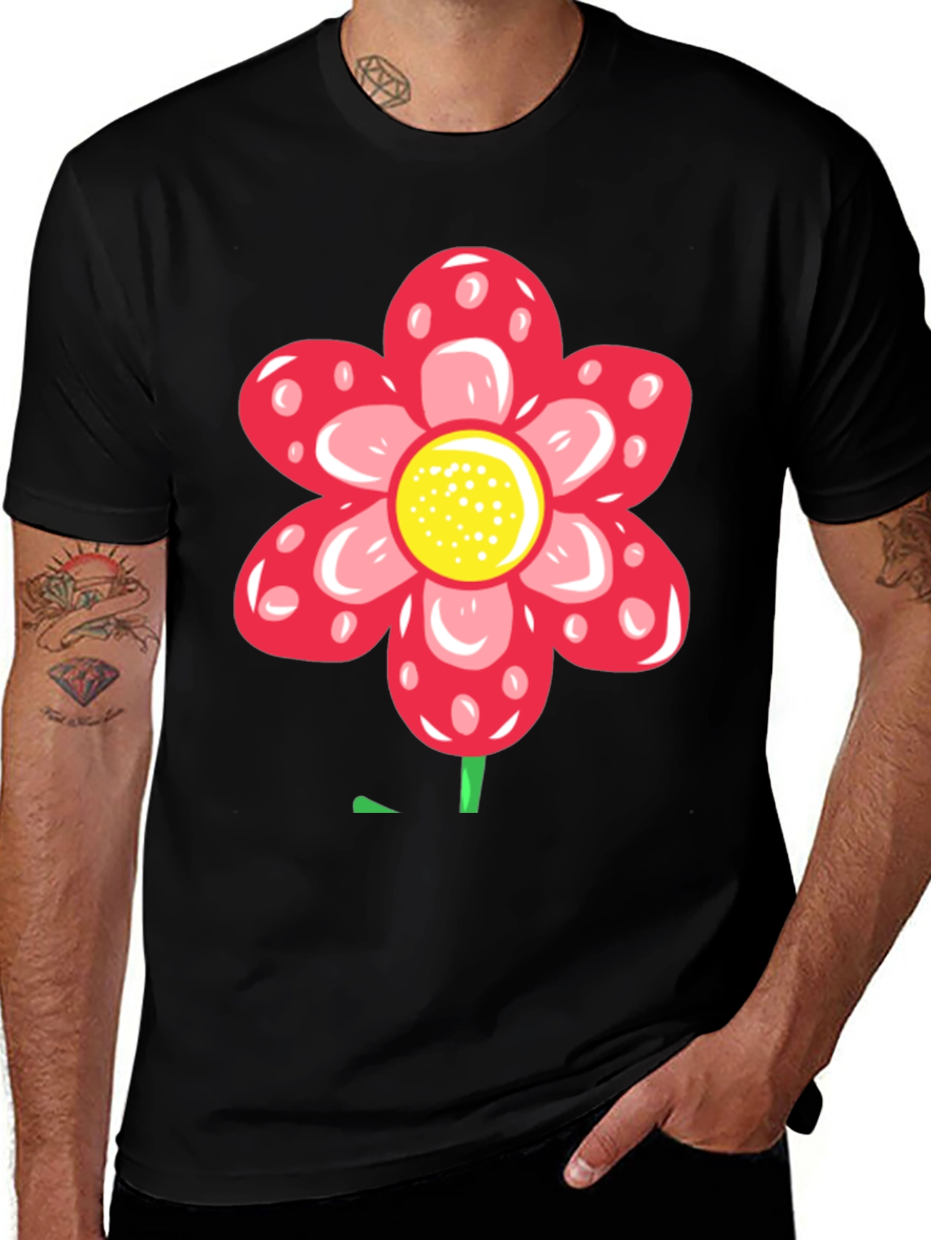 Red Flower Graphic Black T-Shirt