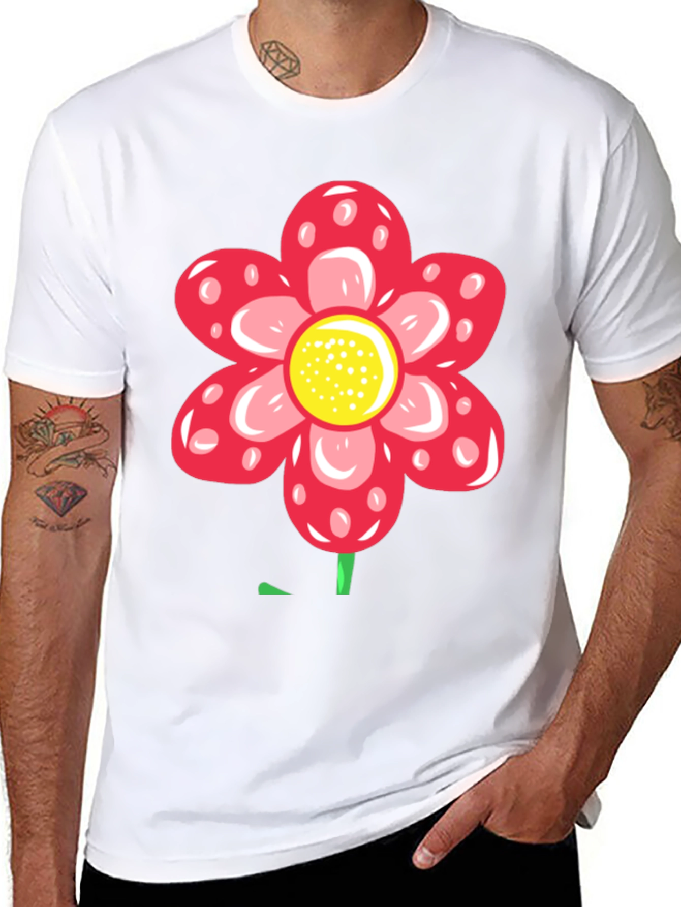 Red Flower Graphic Black T-Shirt