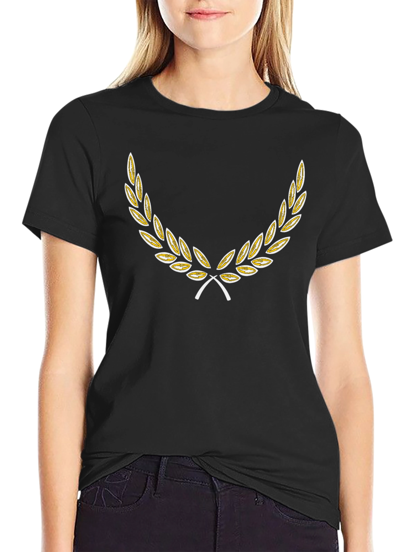 Black T-Shirt with Golden Laurel Wreath Design