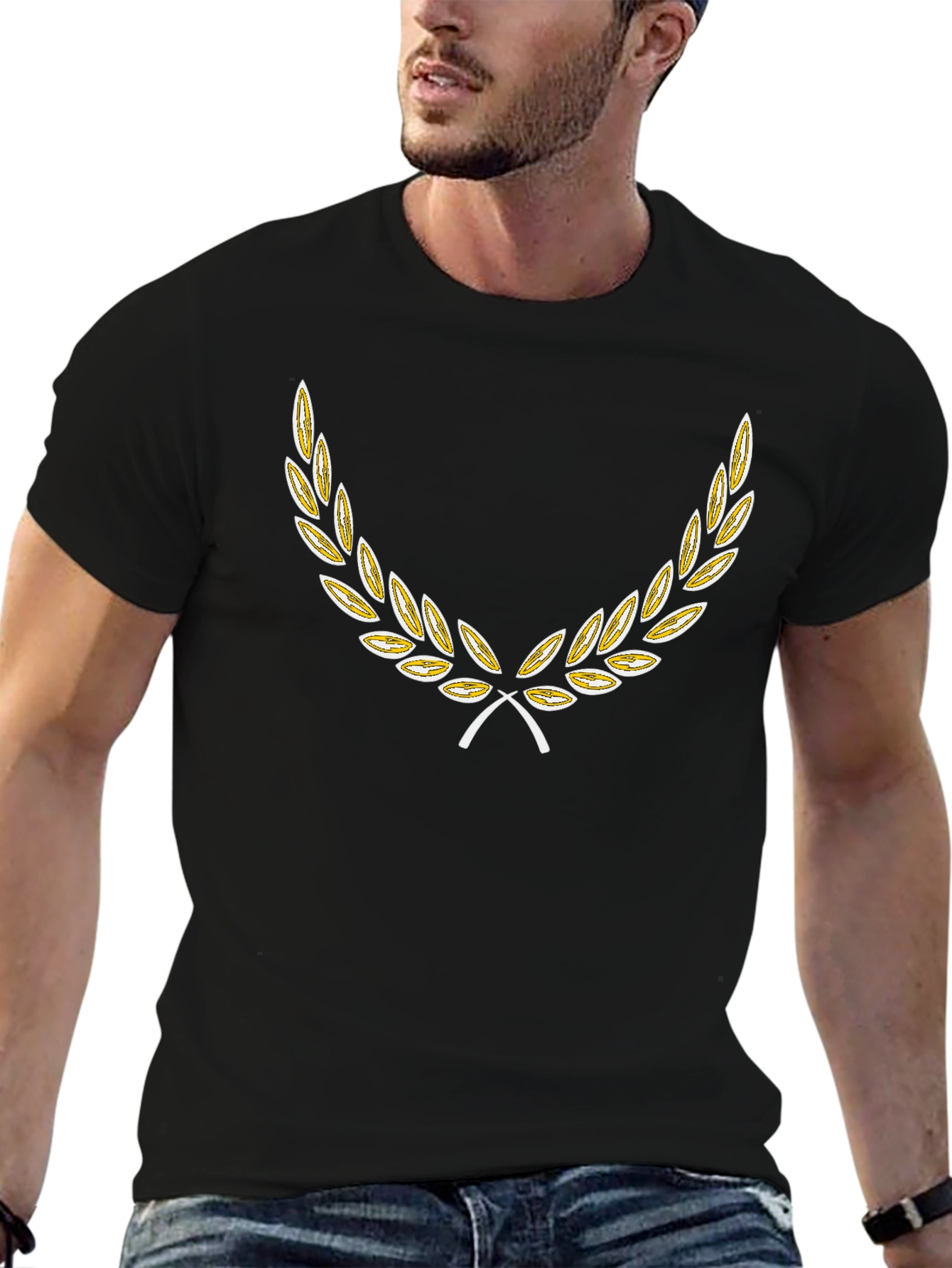 Black T-Shirt with Golden Laurel Wreath Design
