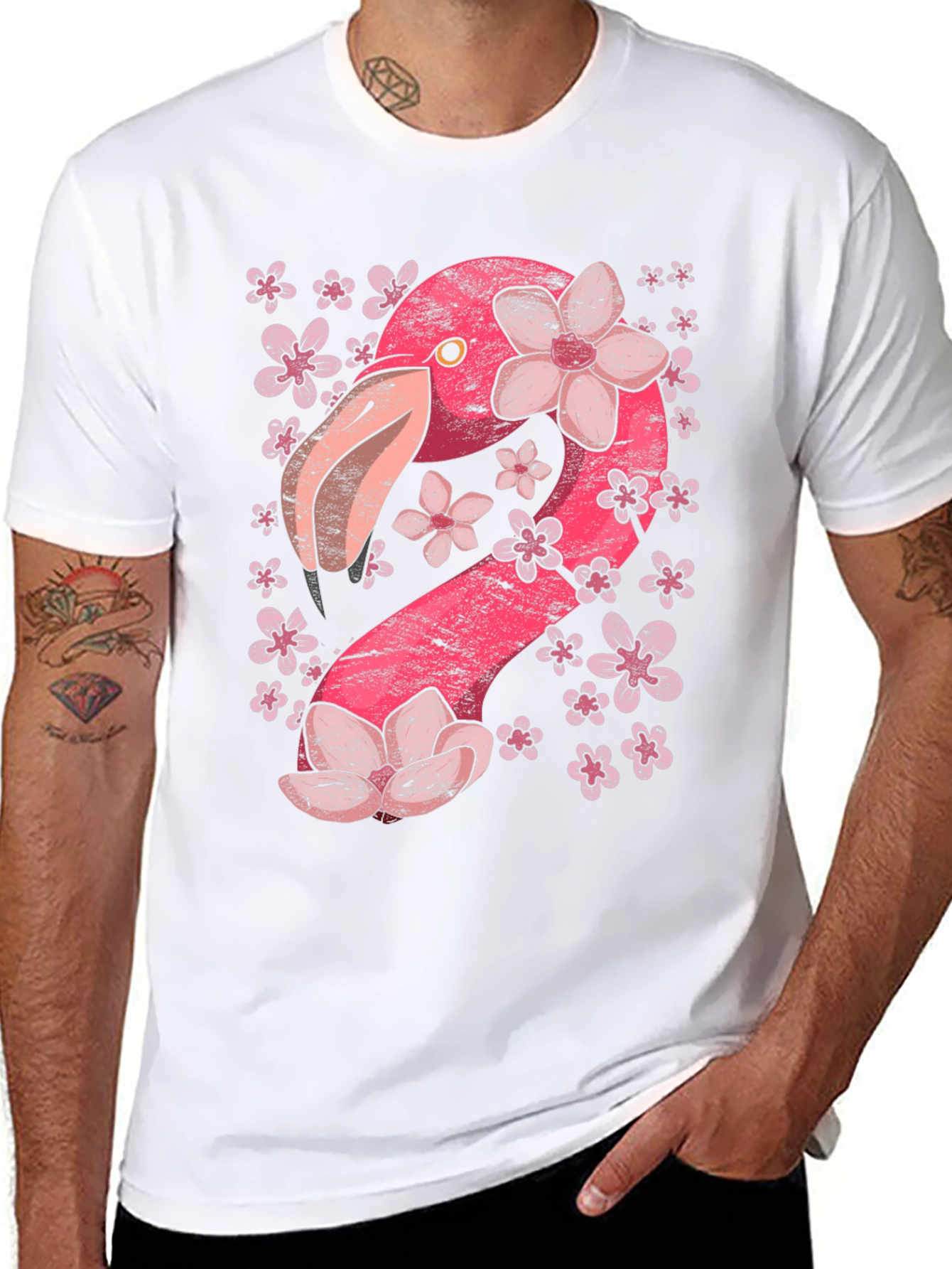 Floral Flamingo Graphic Tee - Black Cotton Shirt