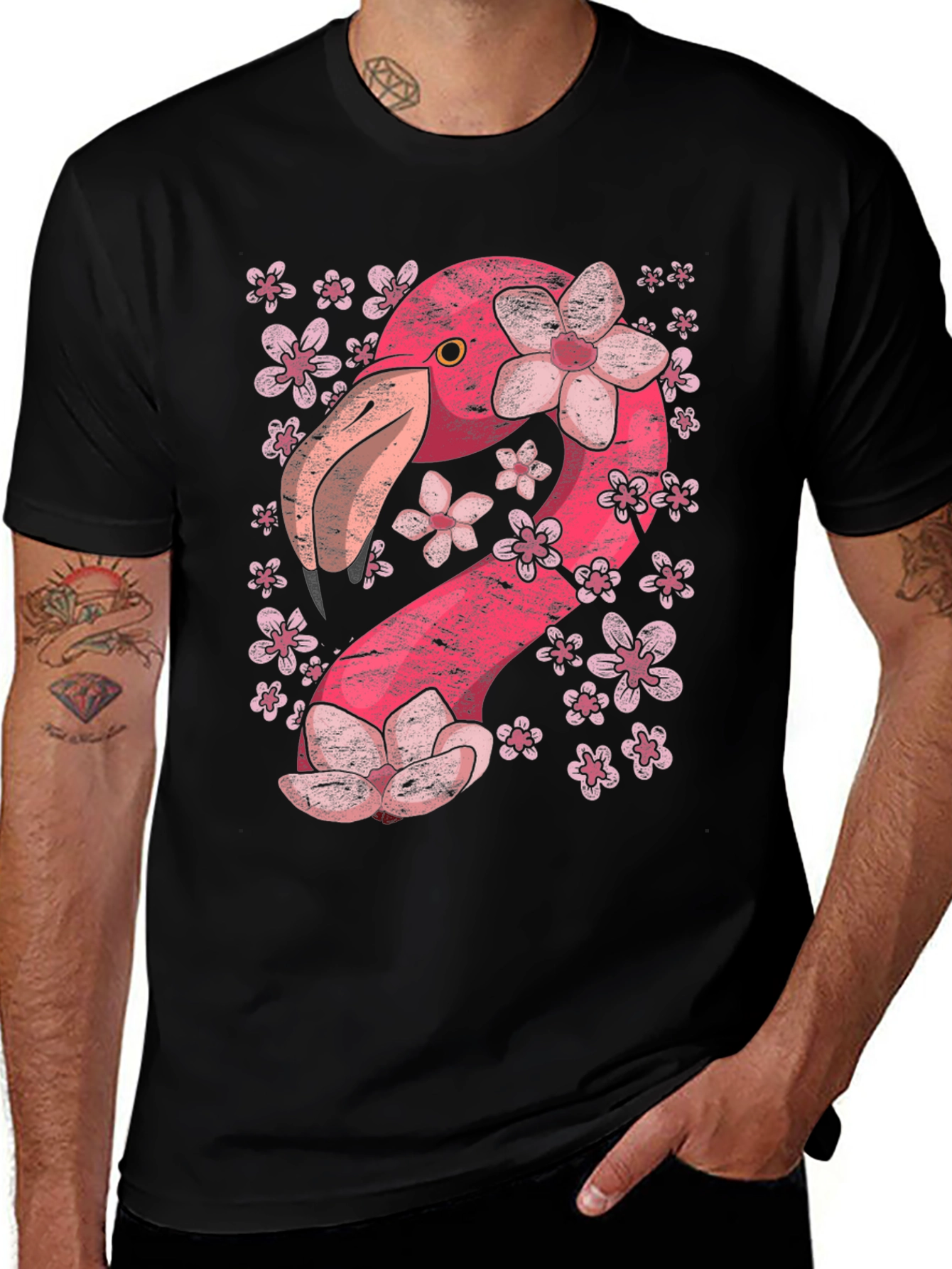 Floral Flamingo Graphic Tee - Black Cotton Shirt