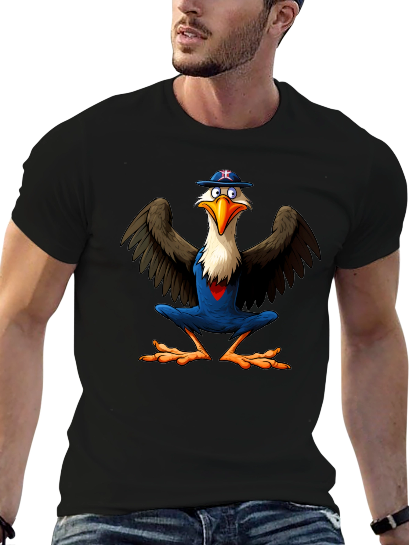 Cartoon Eagle Graphic Tee - Black