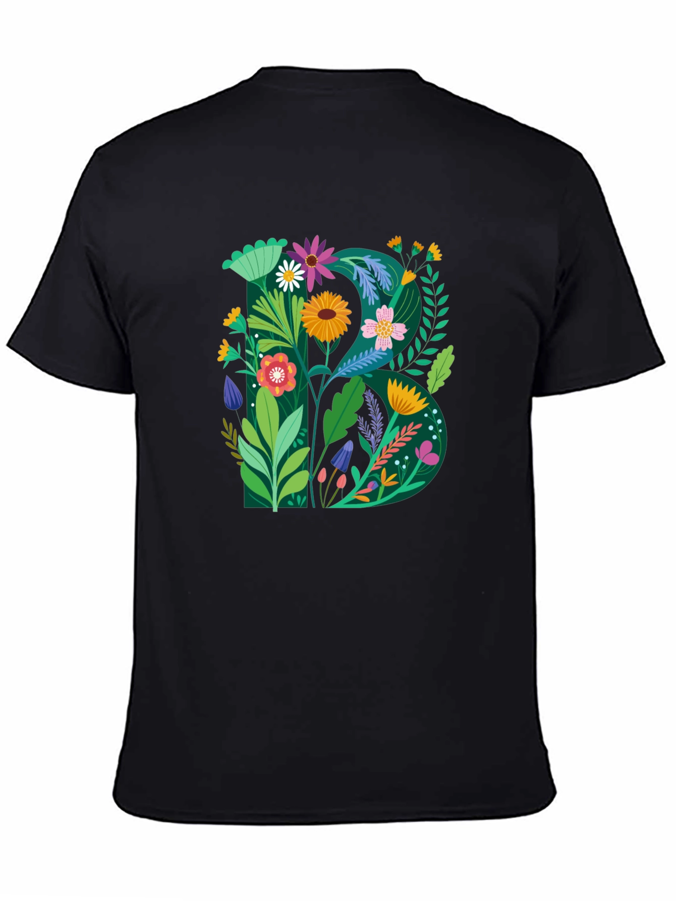 Floral Letter B Graphic Print Black T-Shirt