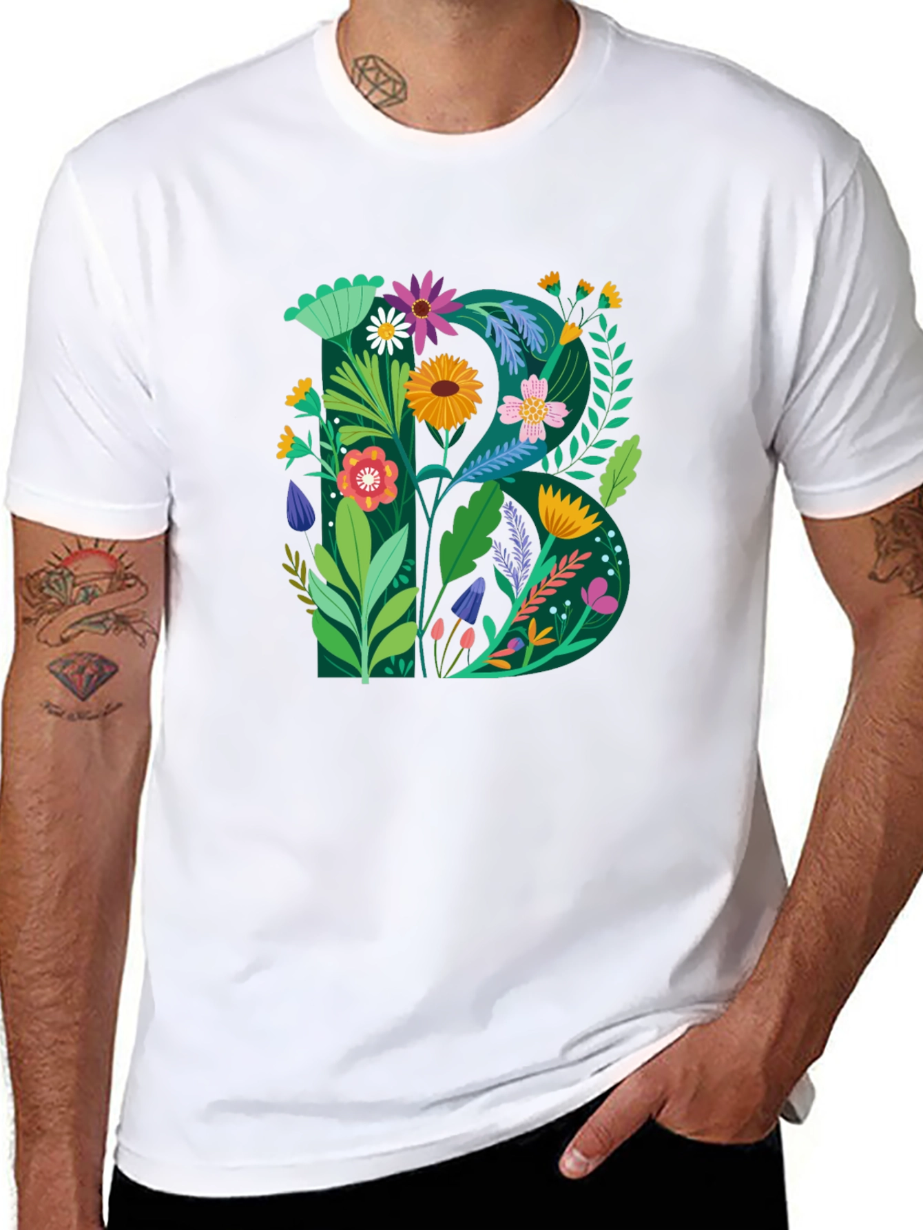 Floral Letter B Graphic Print Black T-Shirt