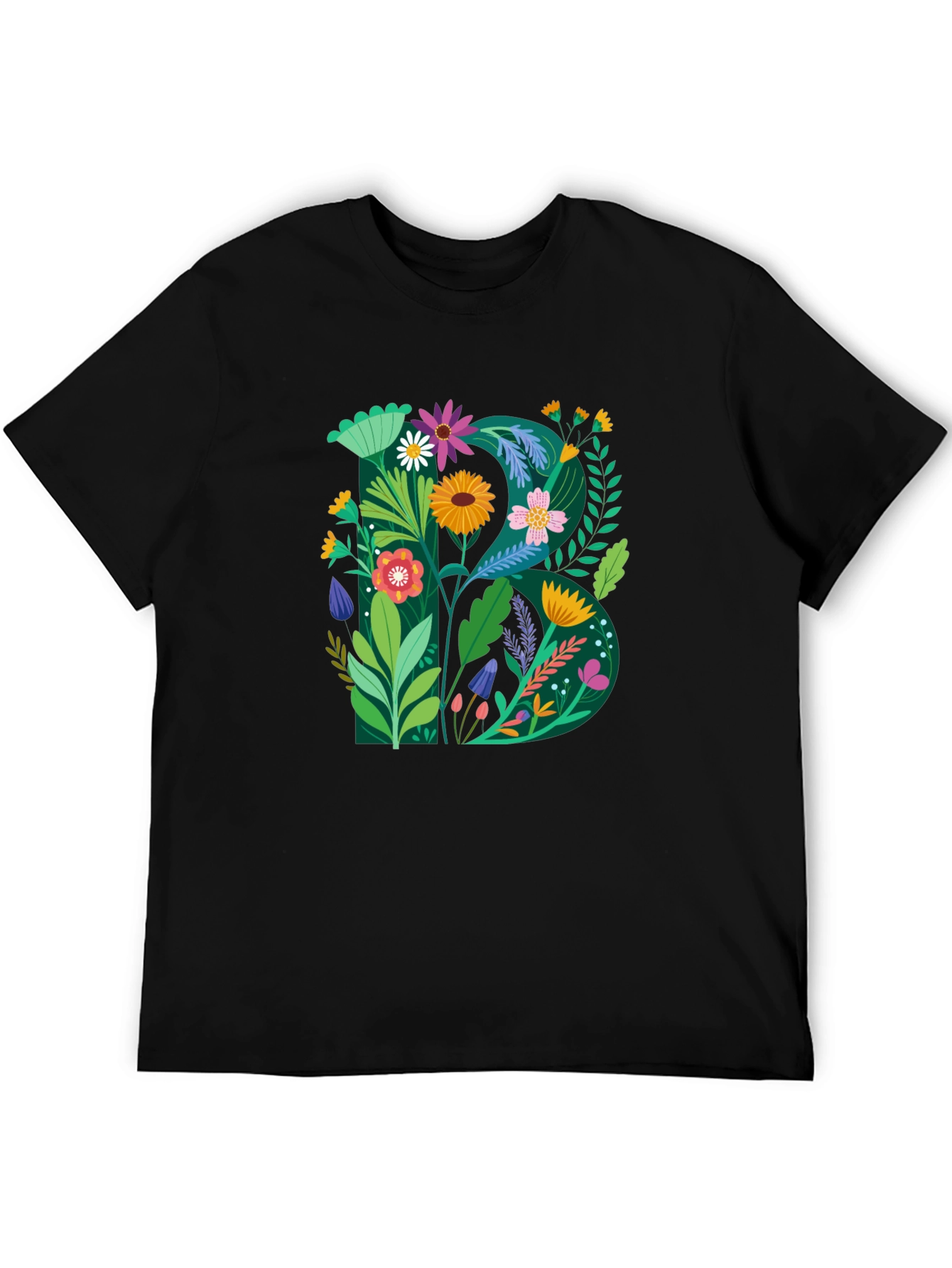 Floral Letter B Graphic Print Black T-Shirt