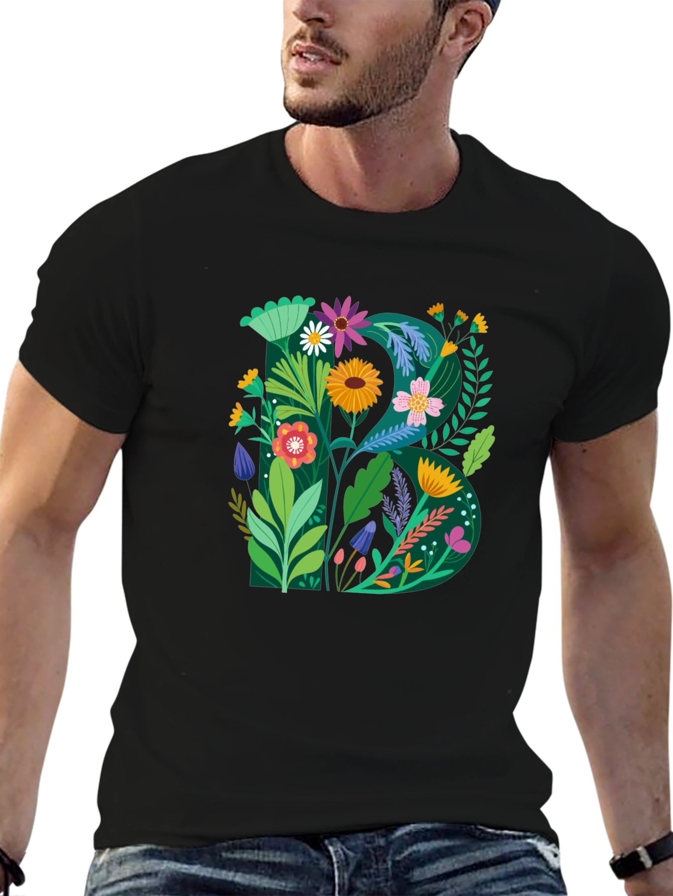 Floral Letter B Graphic Print Black T-Shirt