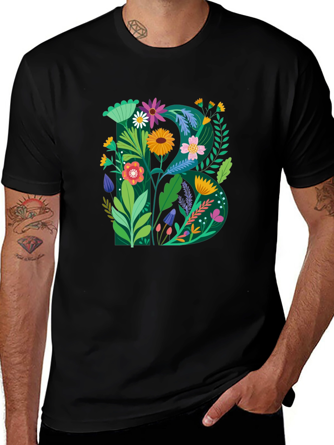 Floral Letter B Graphic Print Black T-Shirt