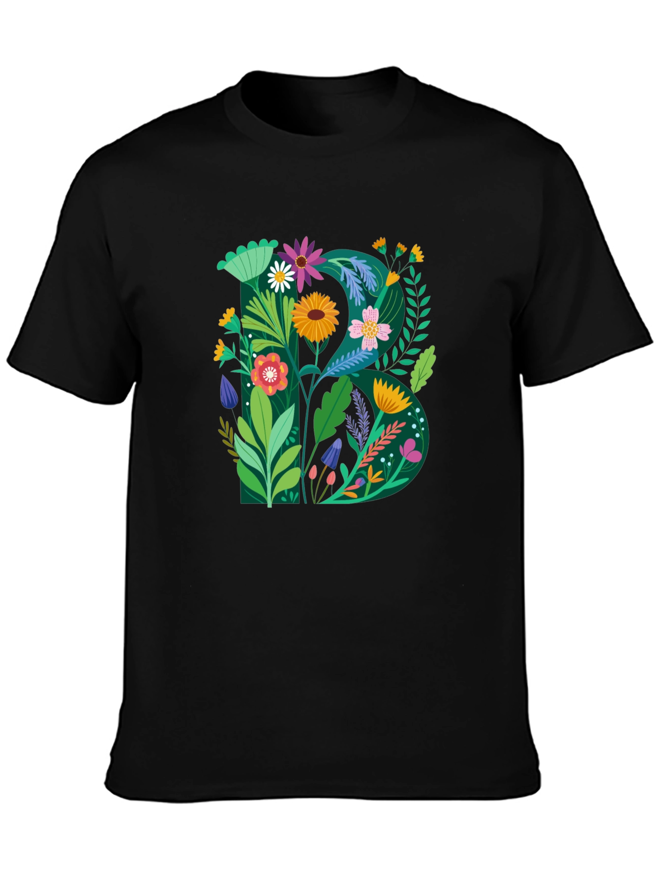 Floral Letter B Graphic Print Black T-Shirt