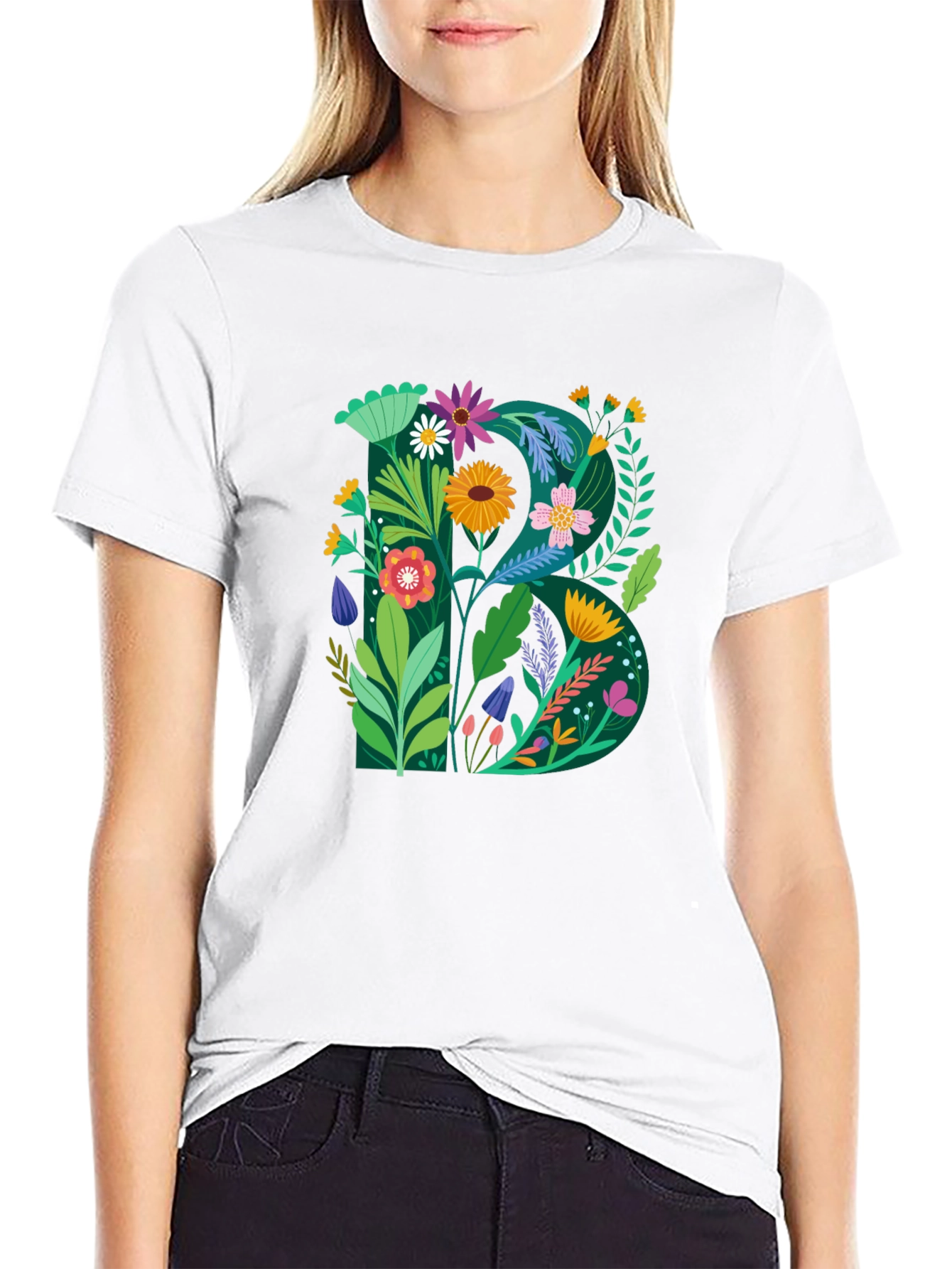 Floral Letter B Graphic Print Black T-Shirt