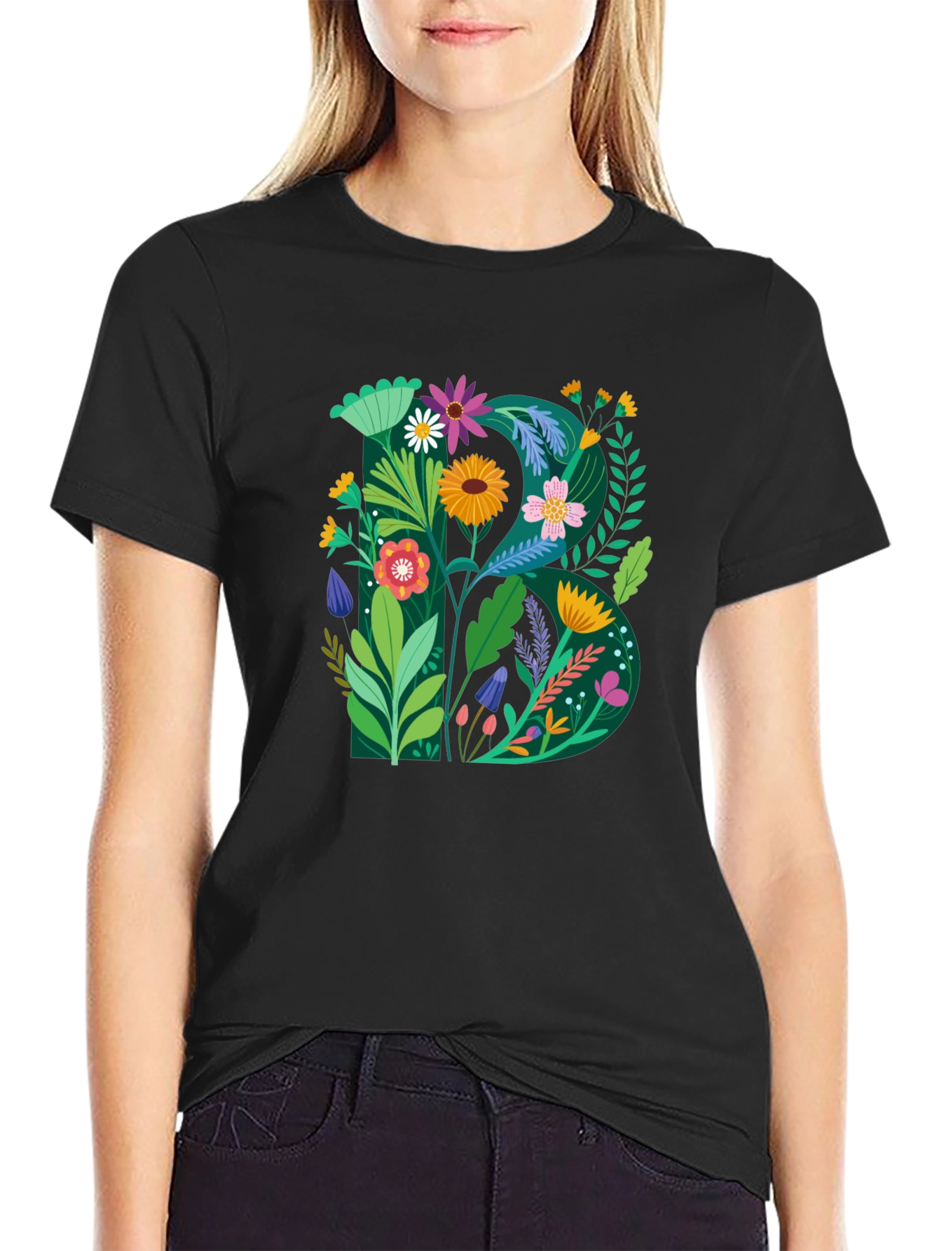Floral Letter B Graphic Print Black T-Shirt
