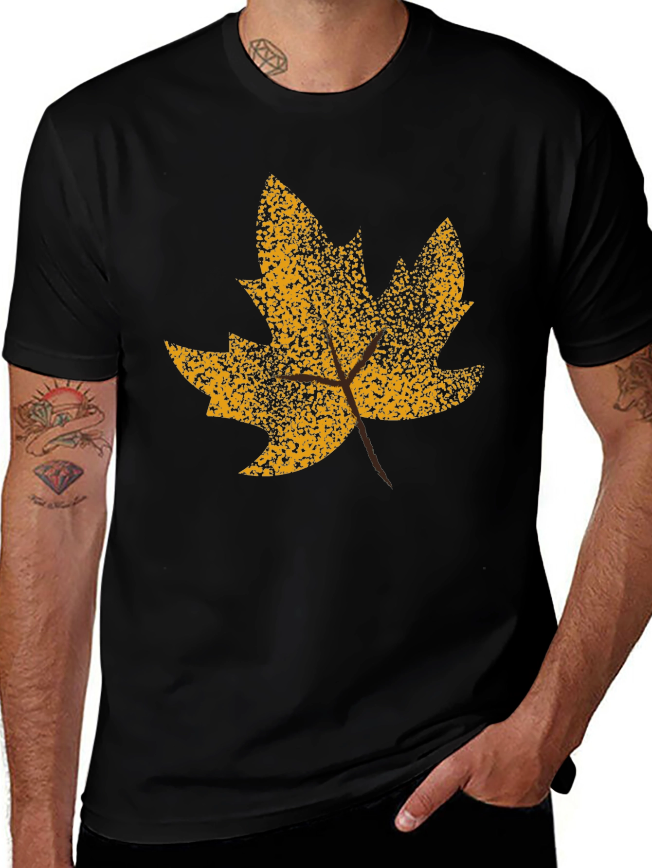 Fall Leaf Graphic Tee - Black Cotton T-Shirt