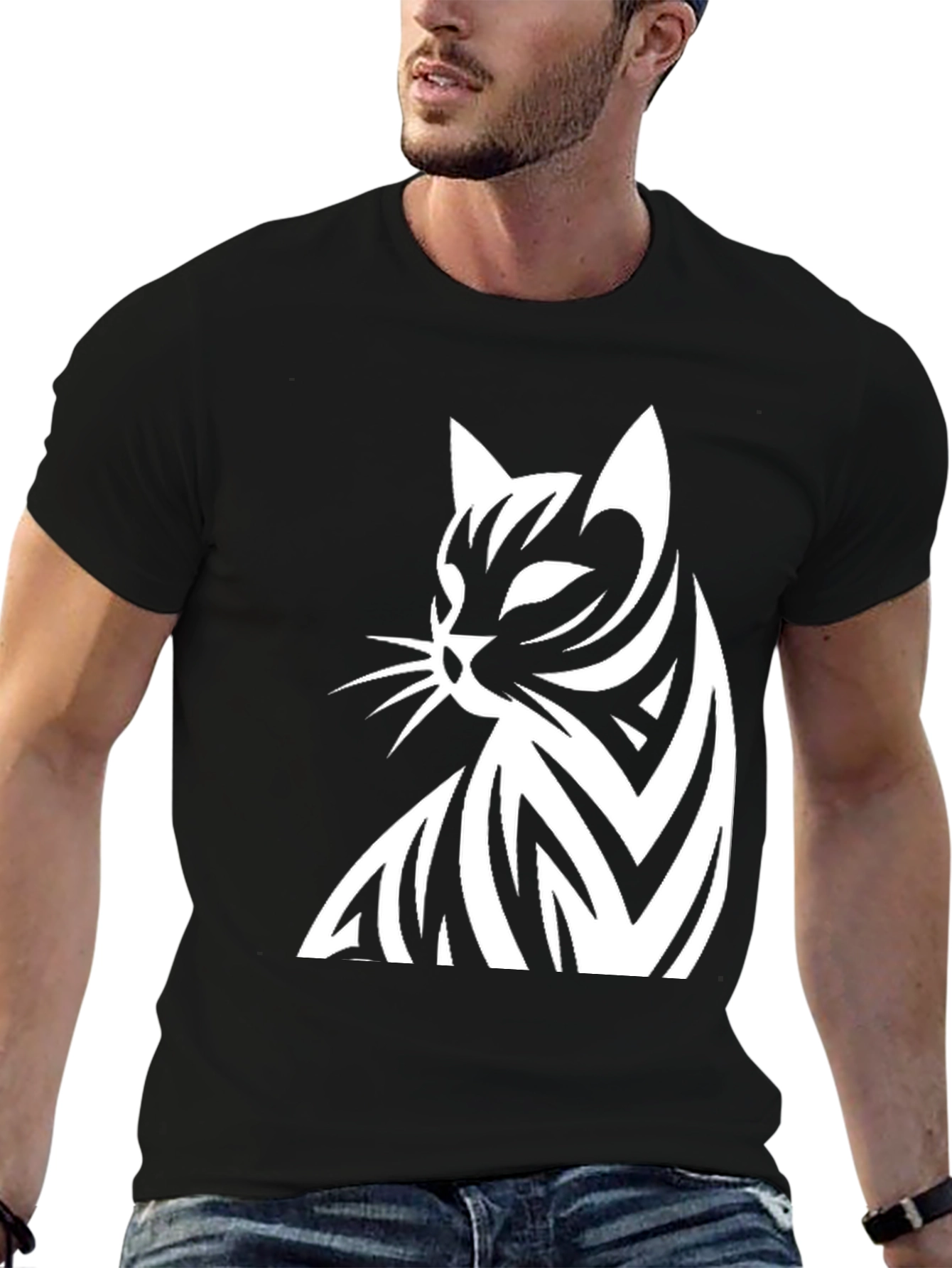 Stylish Cat Graphic Black T-Shirt for Men