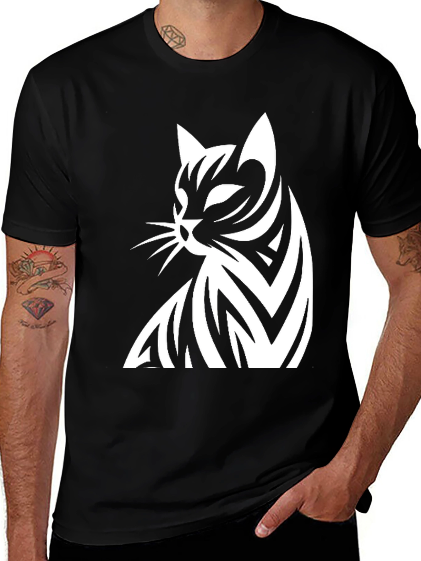 Stylish Cat Graphic Black T-Shirt for Men
