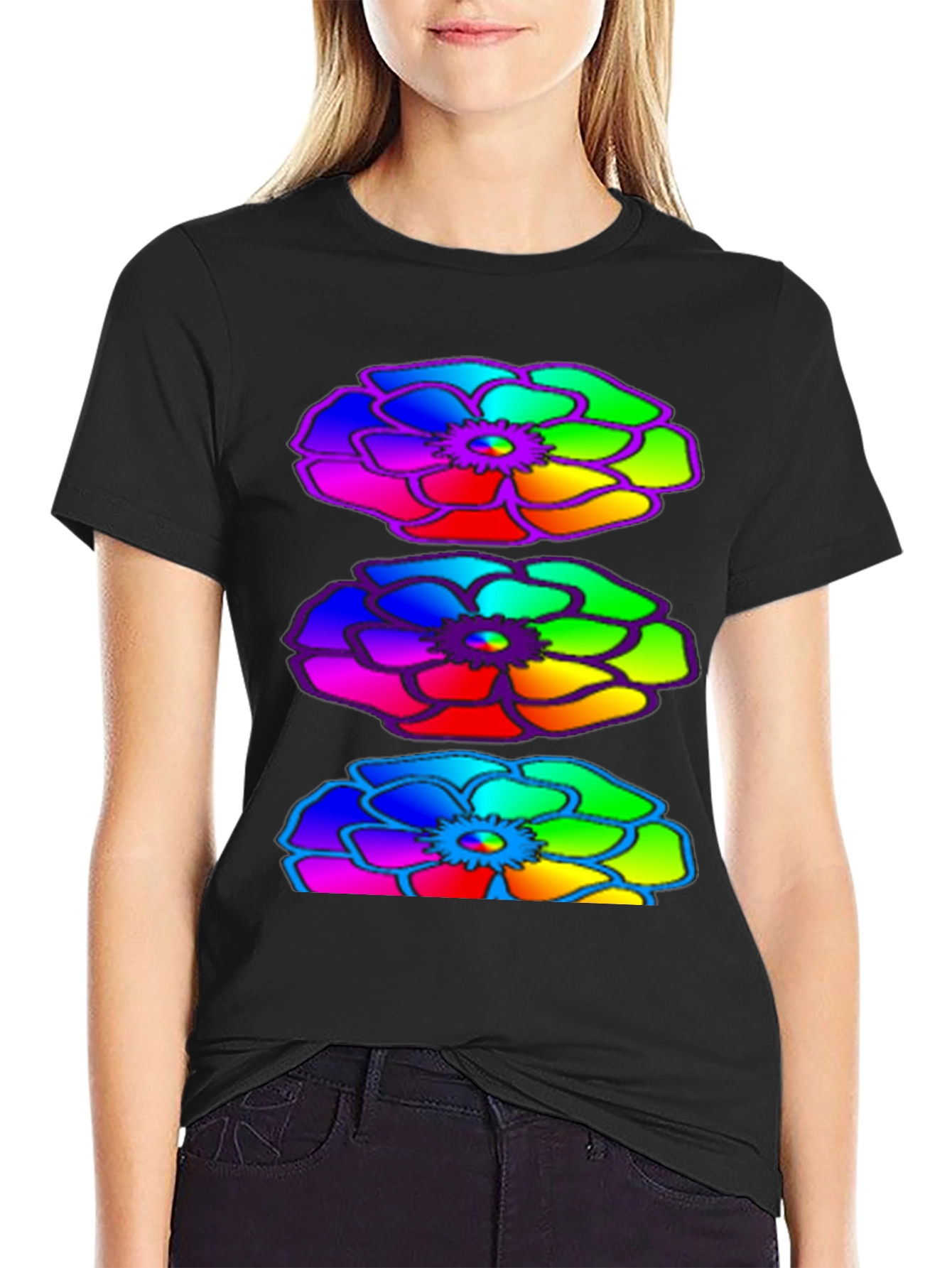 Rainbow Floral Black T-Shirt