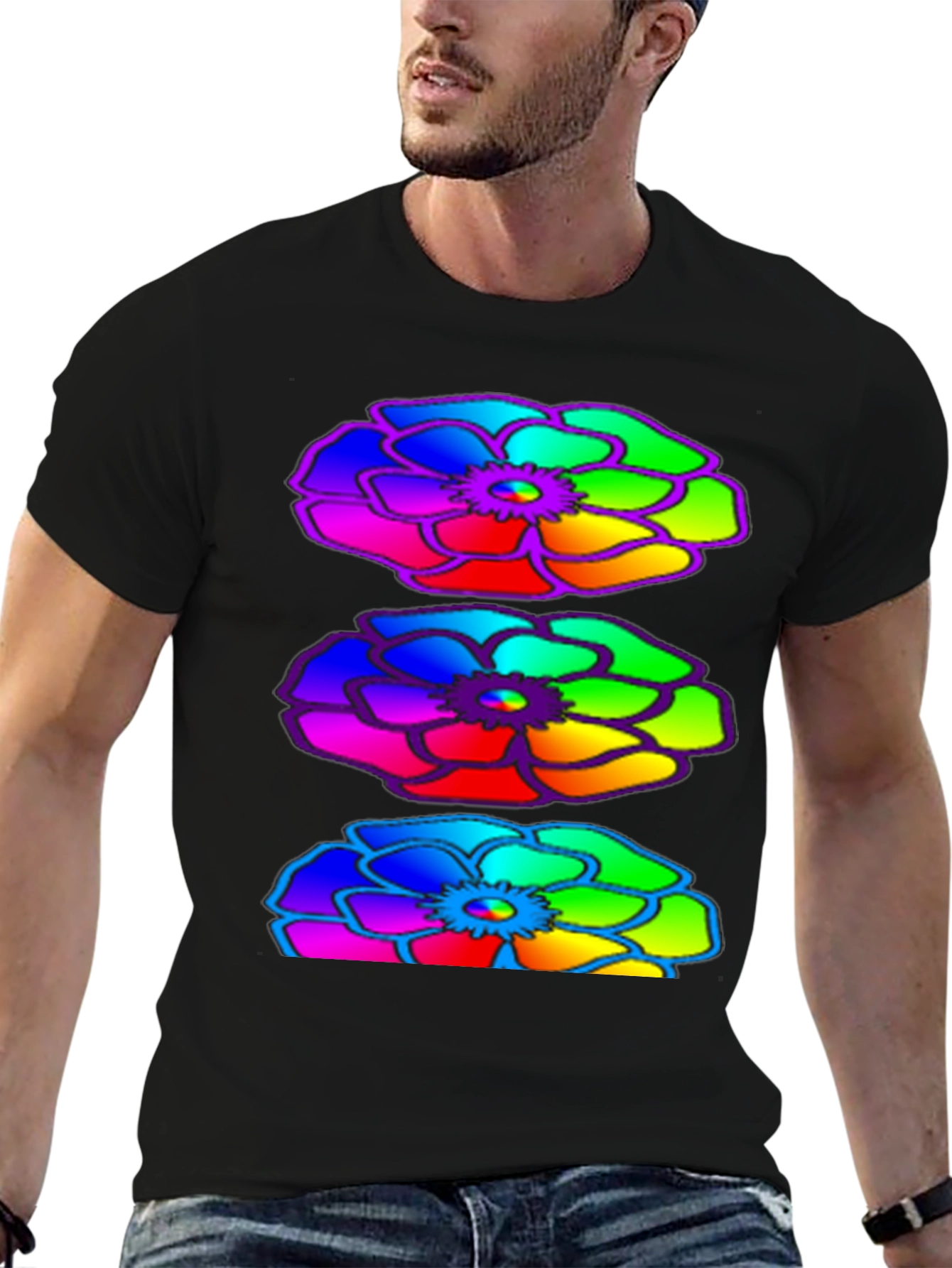 Rainbow Floral Black T-Shirt