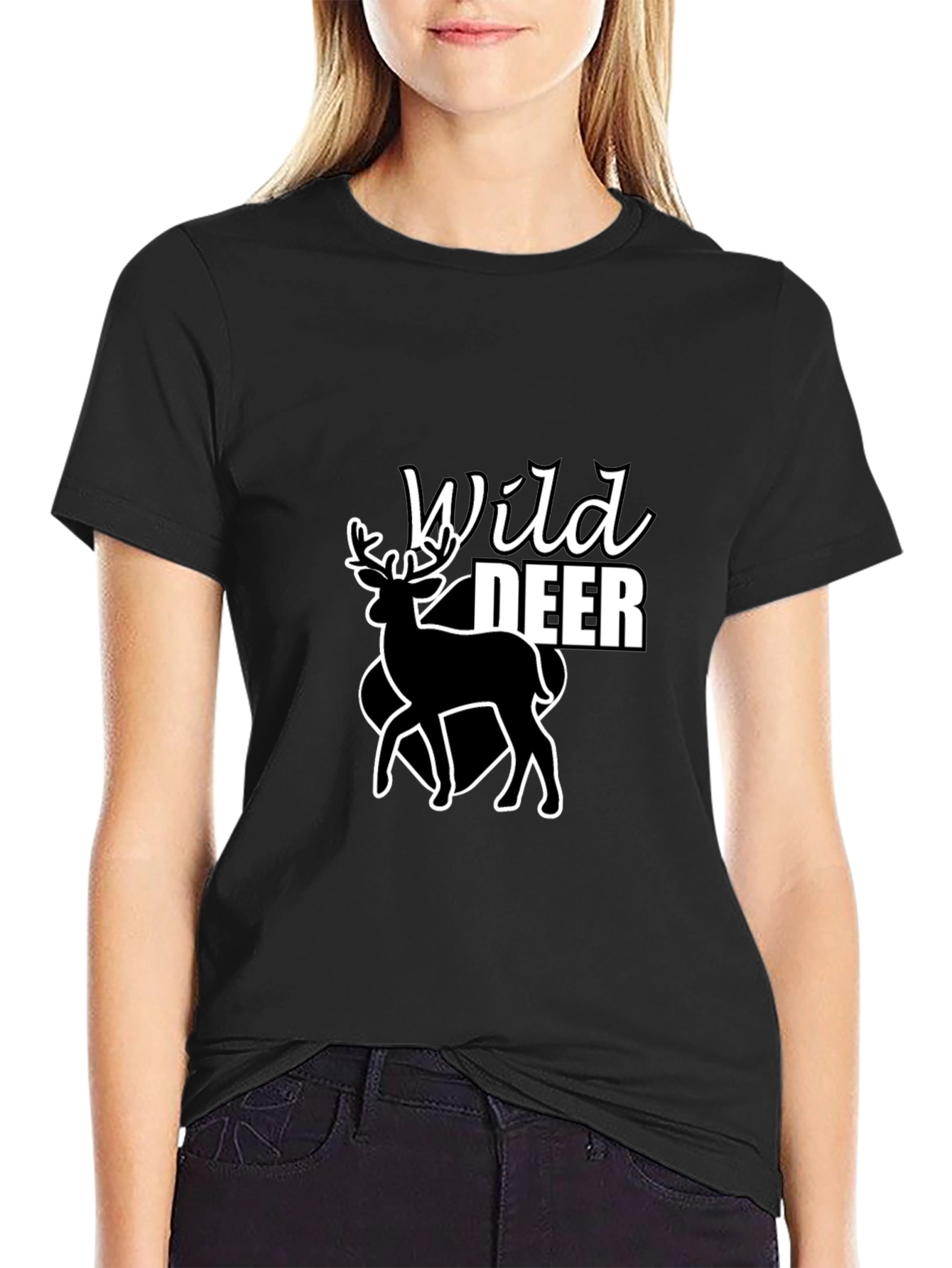 Wild Deer Graphic Tee - Black Cotton T-Shirt