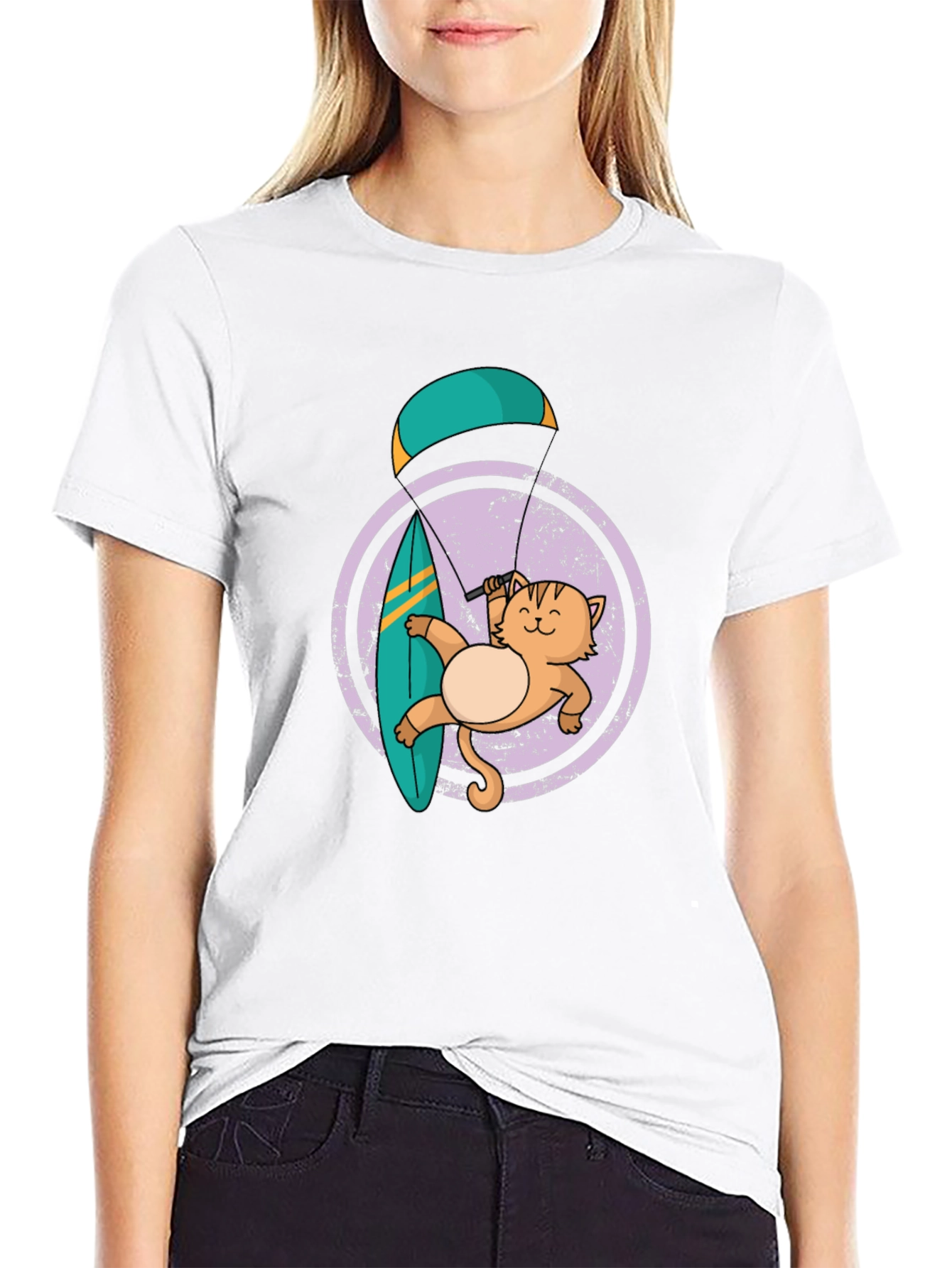 Cat Surfing with Parachute Graphic Tee