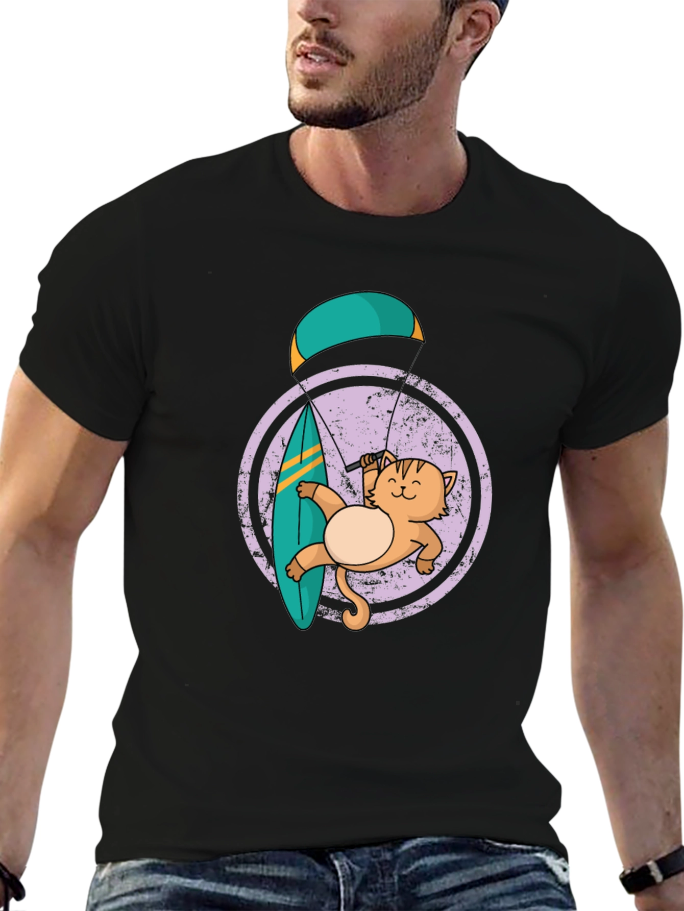 Cat Surfing with Parachute Graphic Tee