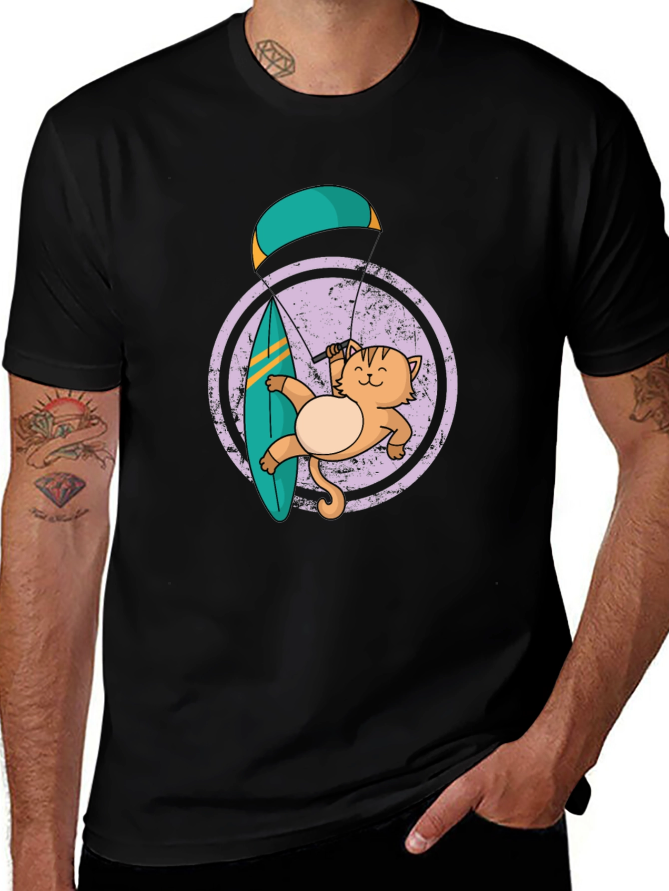 Cat Surfing with Parachute Graphic Tee