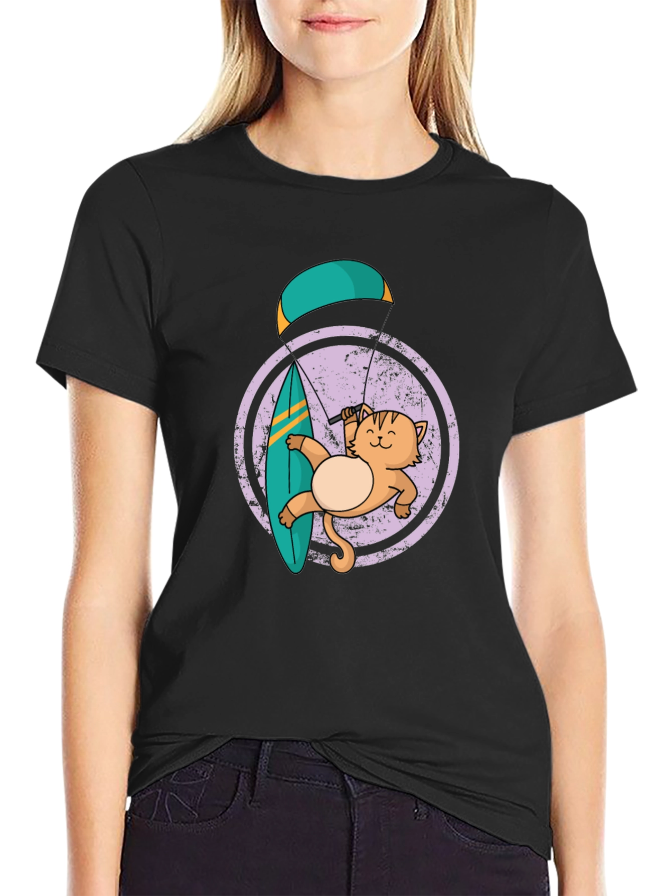 Cat Surfing with Parachute Graphic Tee