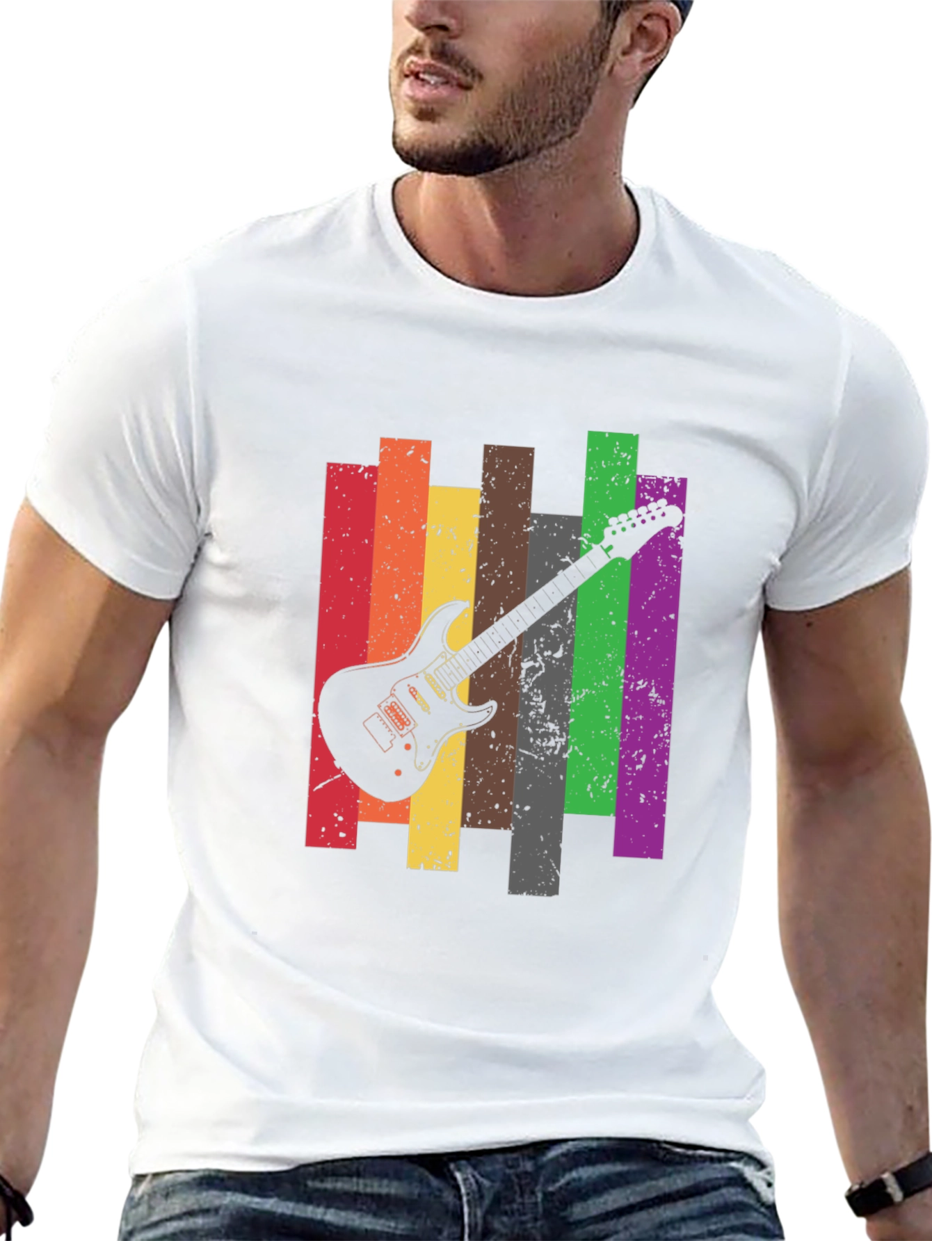 Retro Guitar Stripe Graphic Tee - Black Cotton T-Shirt