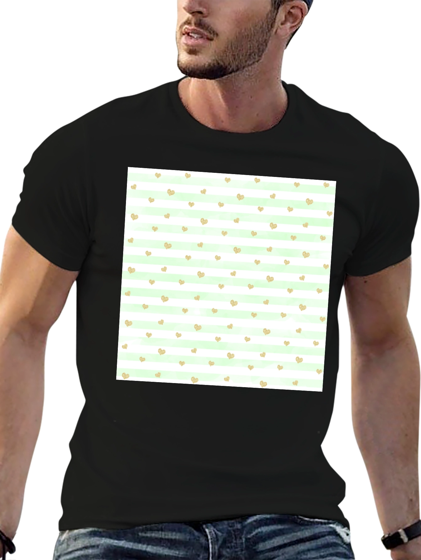 Striped Heart Pattern Black Tee