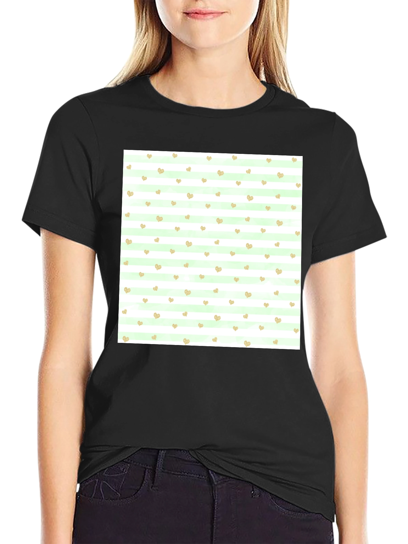 Striped Heart Pattern Black Tee