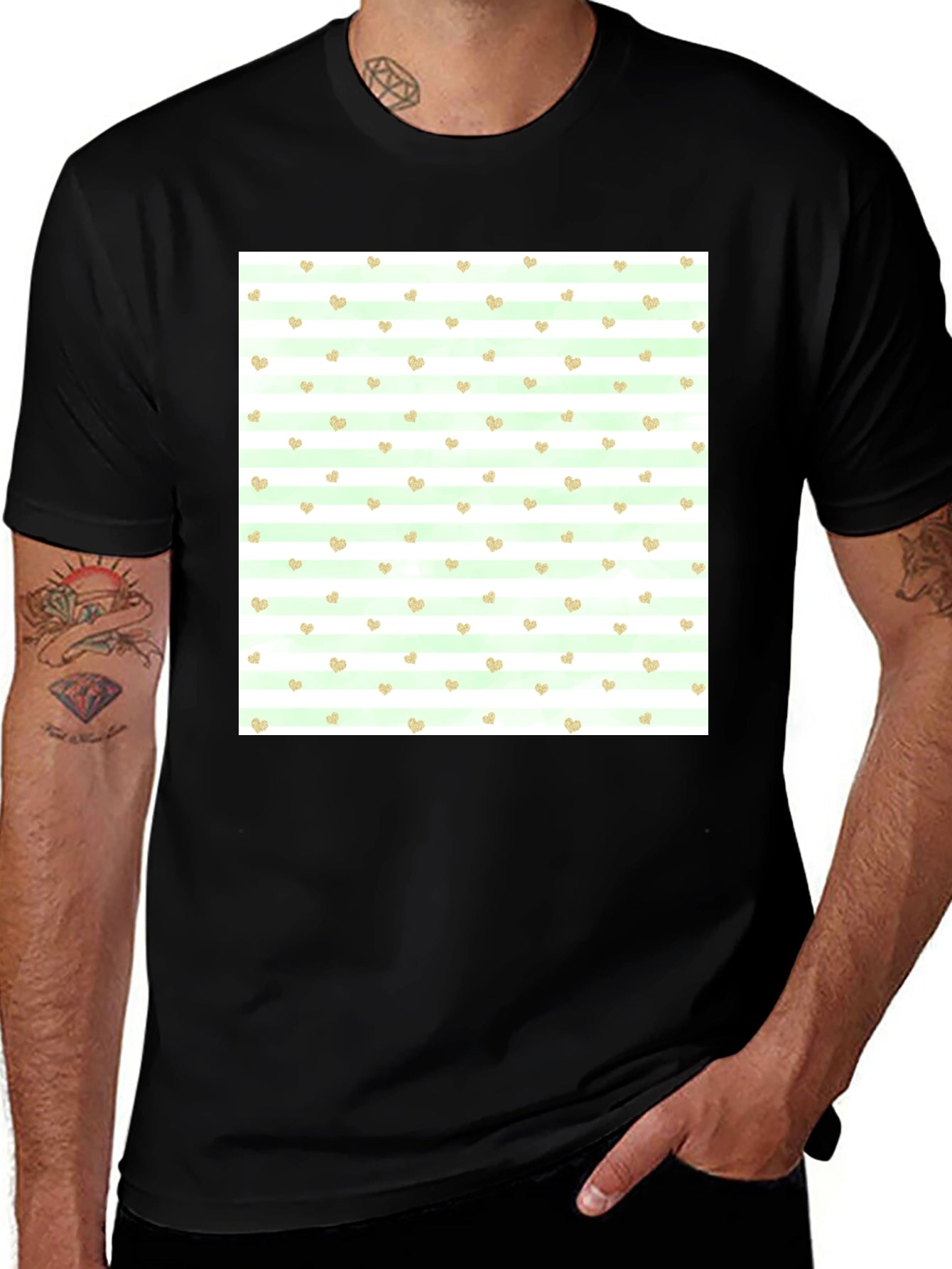 Striped Heart Pattern Black Tee
