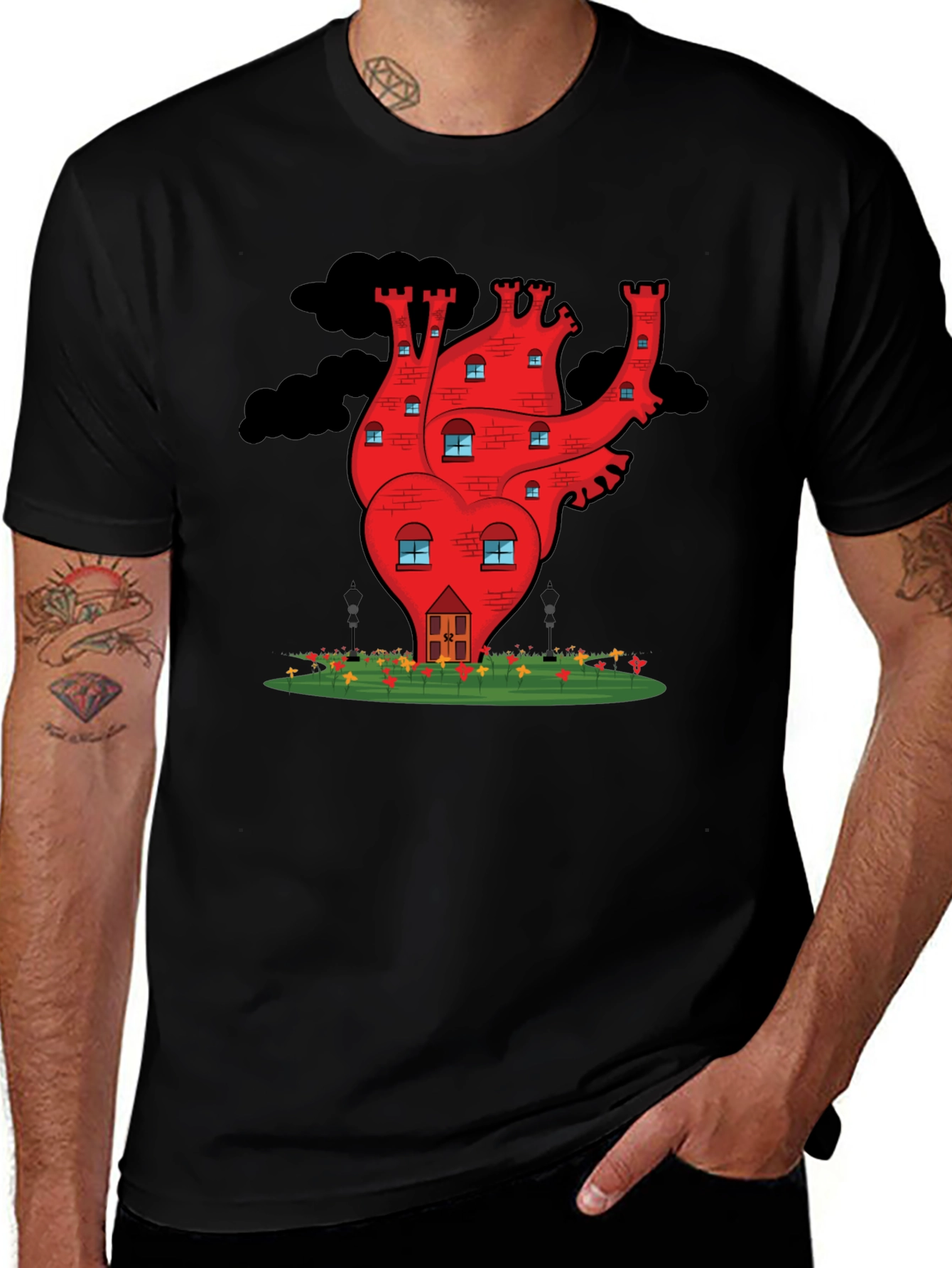 Heart Castle Graphic Tee - Quirky Black T-Shirt