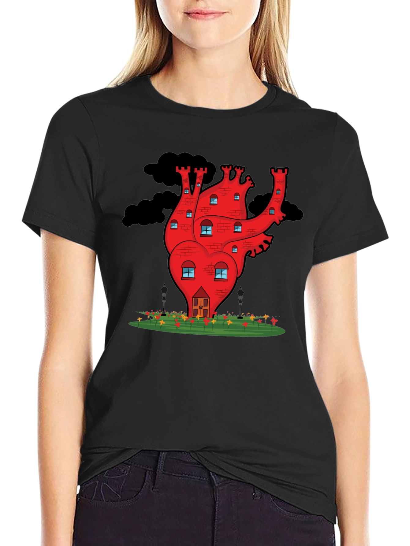 Heart Castle Graphic Tee - Quirky Black T-Shirt