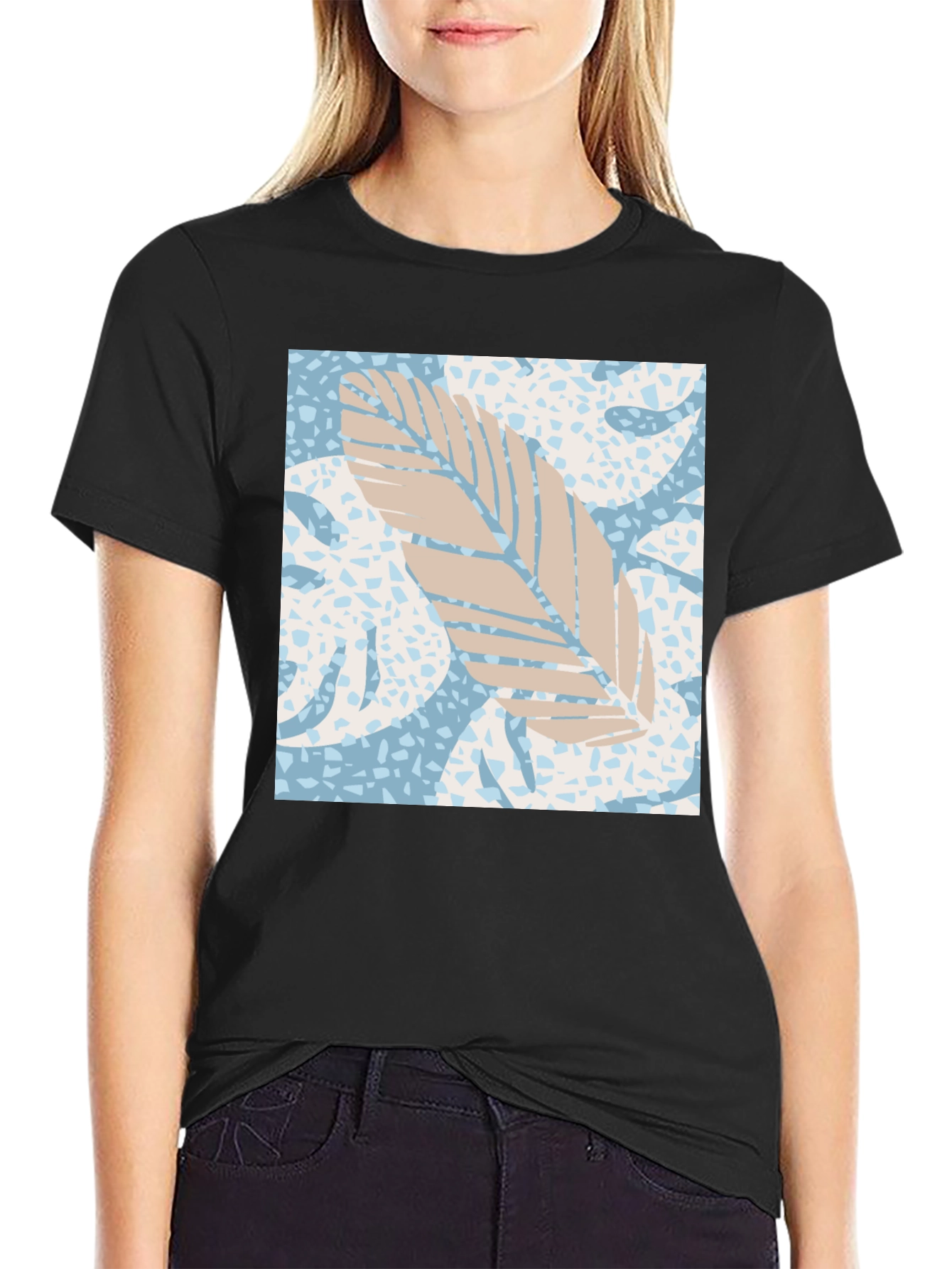 Tropical Leaf Print Black Tee