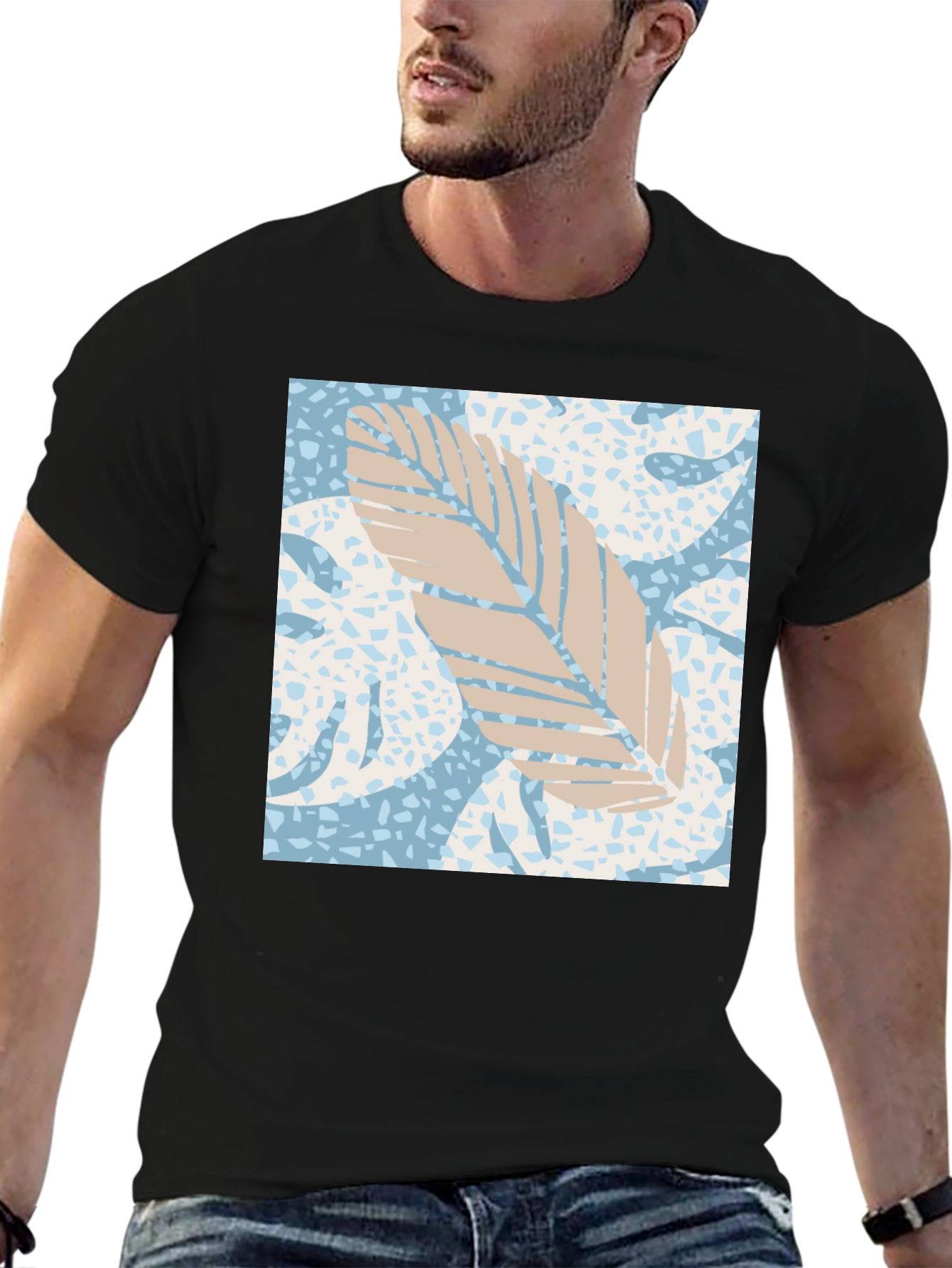 Tropical Leaf Print Black Tee