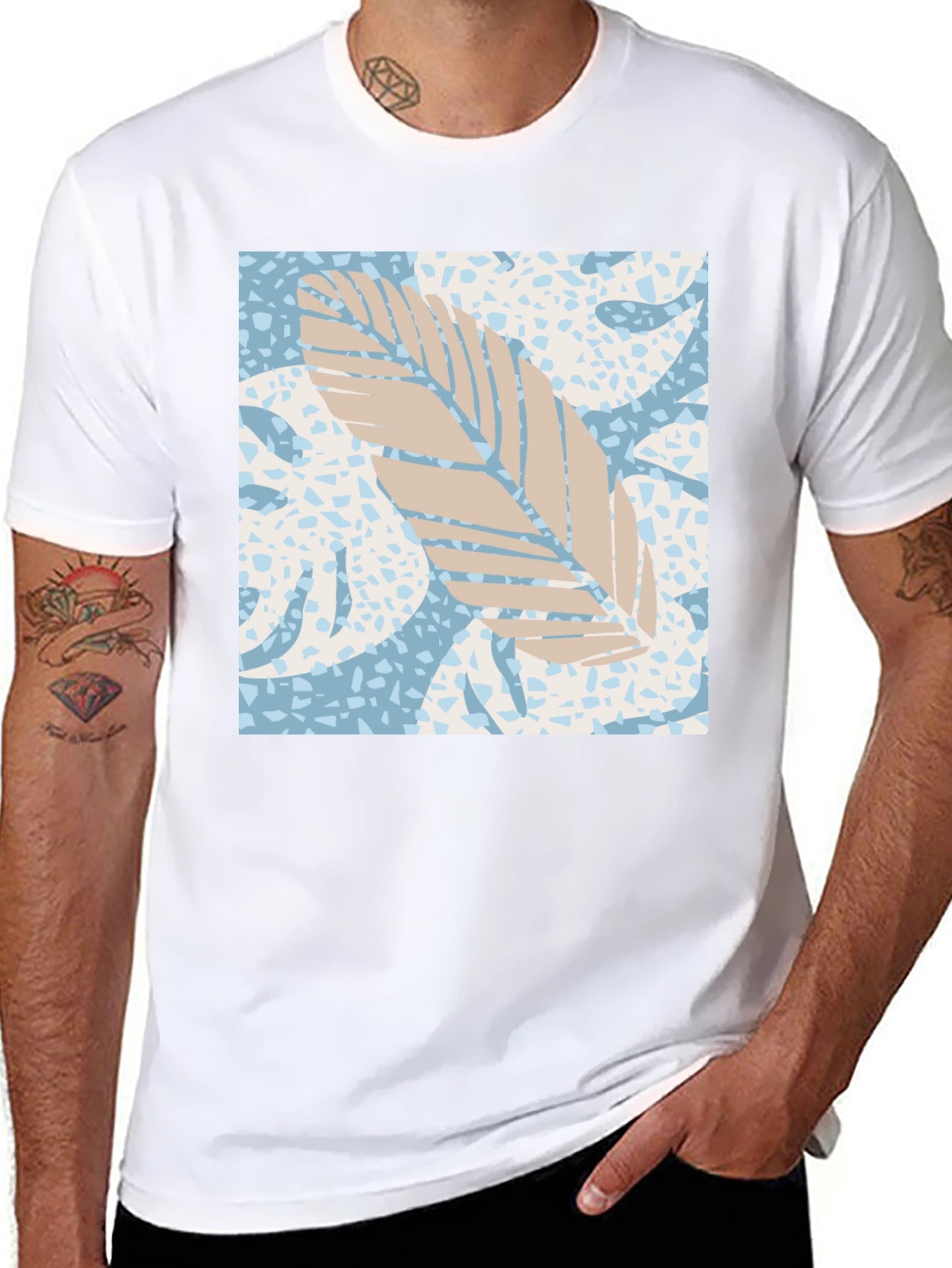 Tropical Leaf Print Black Tee