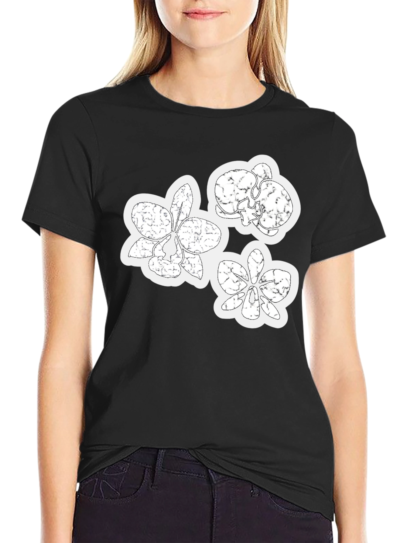Orchid Floral Graphic Print Black T-Shirt