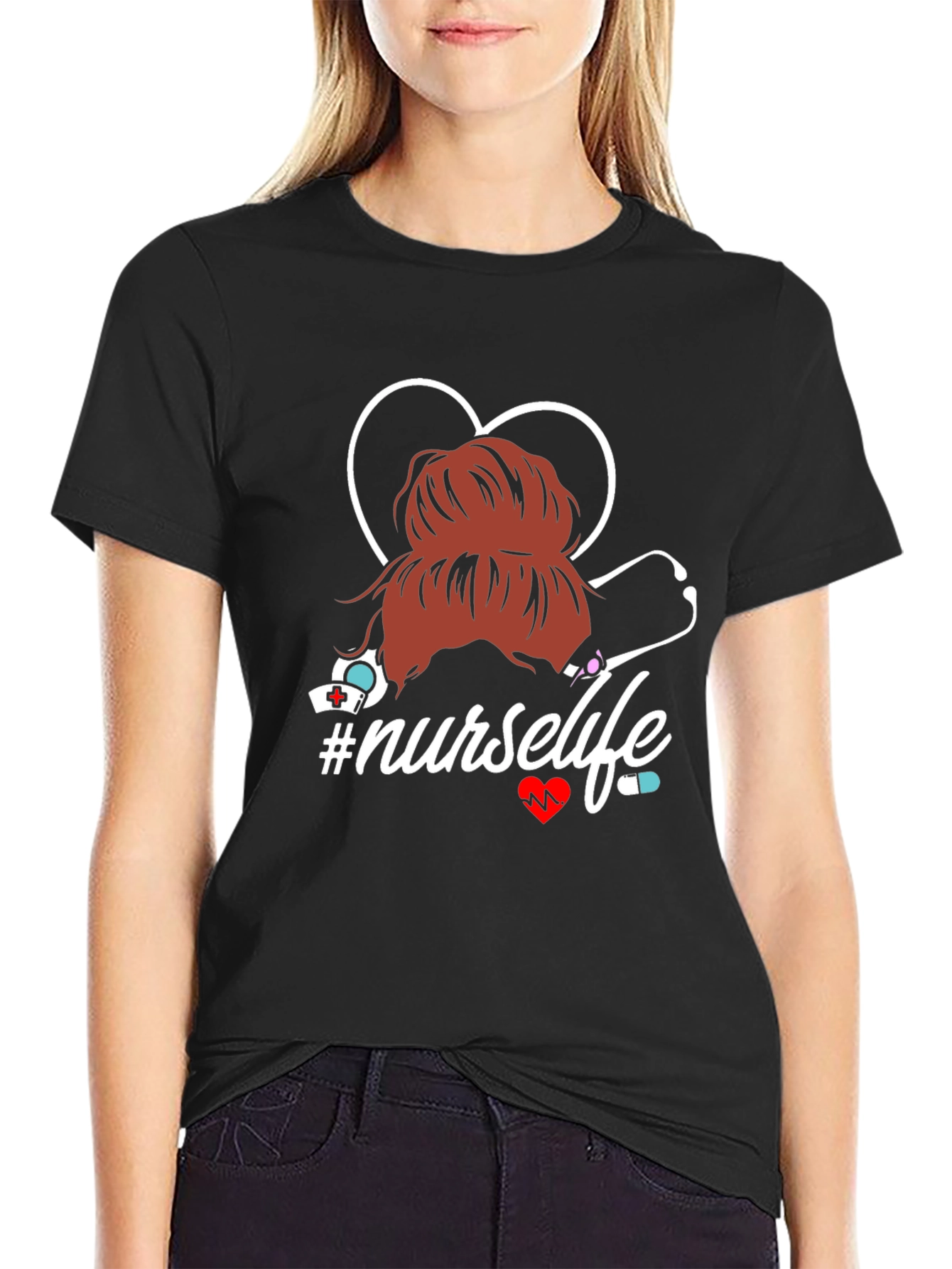 Nurse Life T-Shirt - Messy Bun Heart Stethoscope Tee