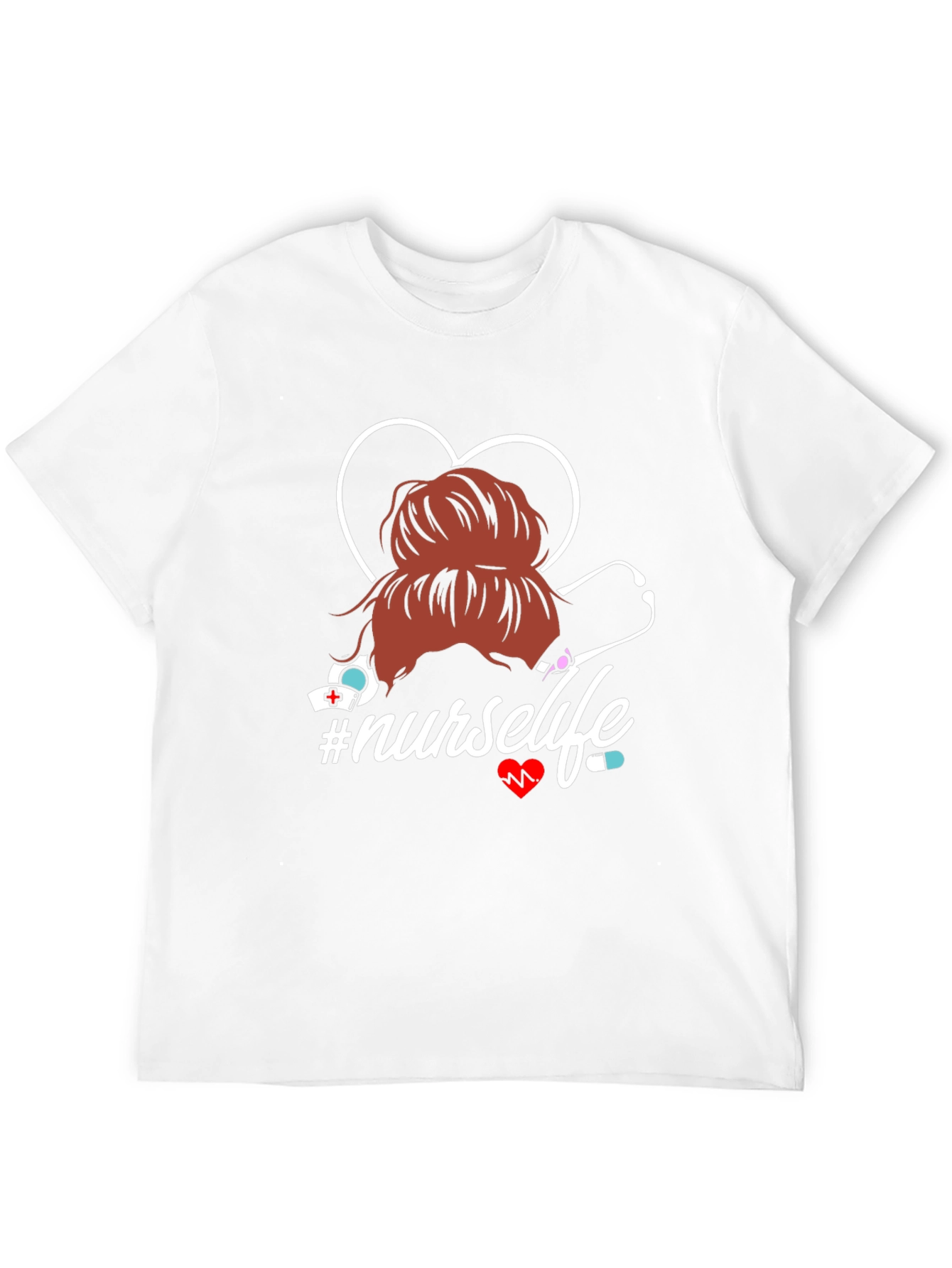 Nurse Life T-Shirt - Messy Bun Heart Stethoscope Tee