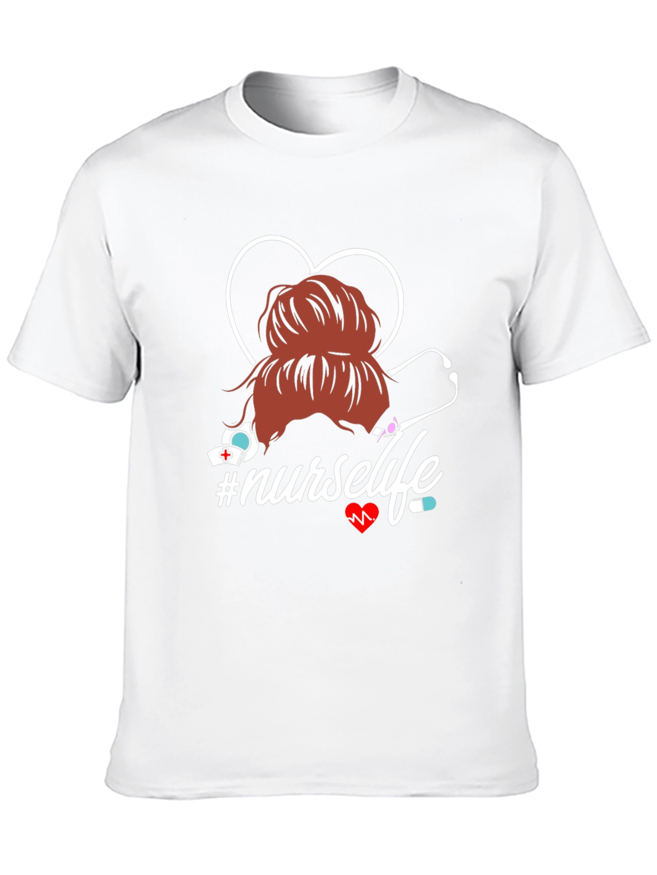Nurse Life T-Shirt - Messy Bun Heart Stethoscope Tee